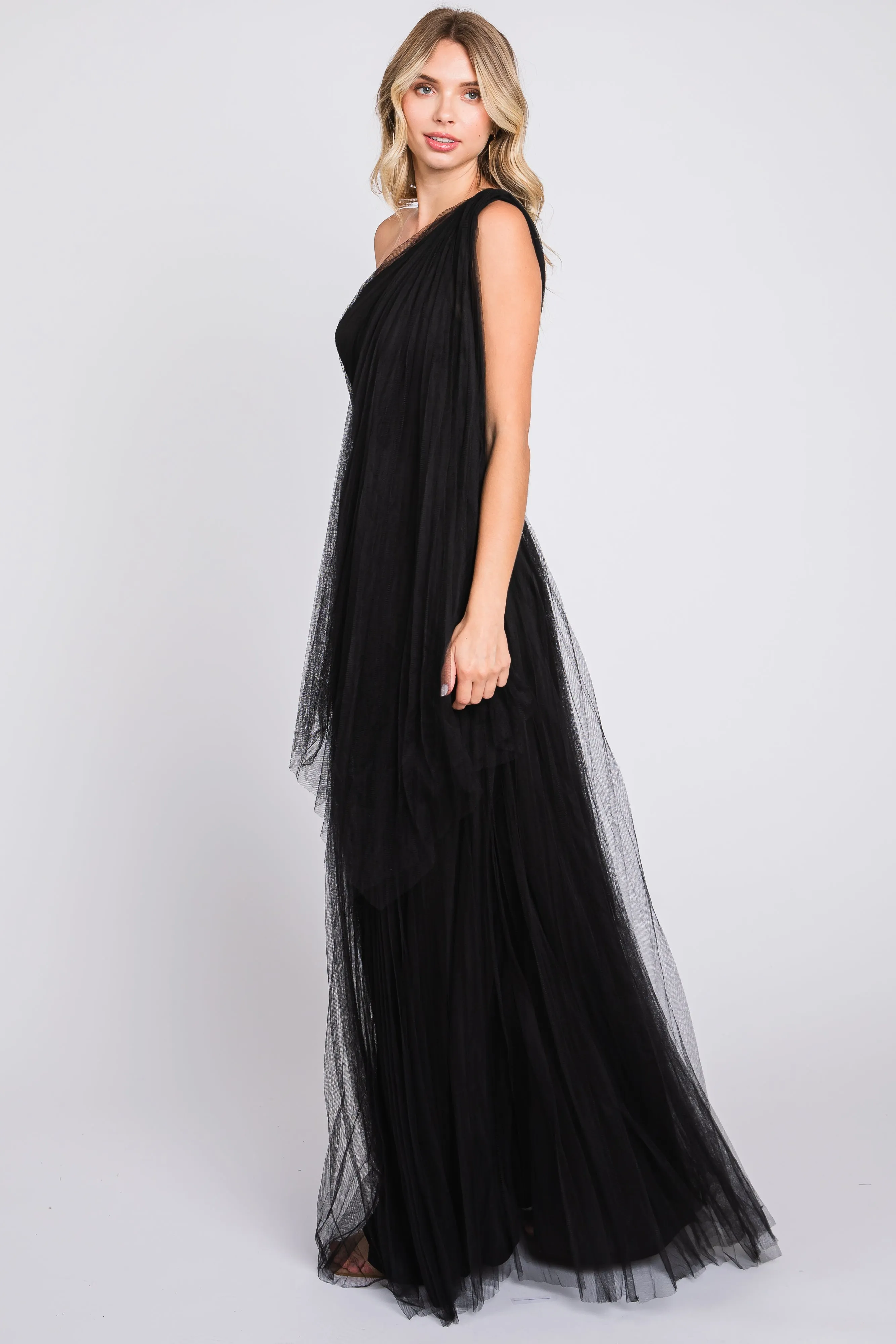 Black One Shoulder Pleated Mesh Gown sold by Pinkblush product image thumbnail 2