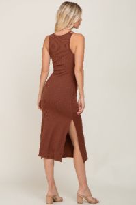 Brown Ribbed Cutout Shoulder Side Slit Midi Dress sold by Pinkblush