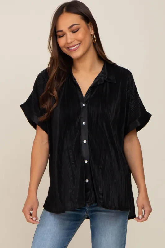 Black Pleated Satin Button Up Maternity Top sold by Pinkblush