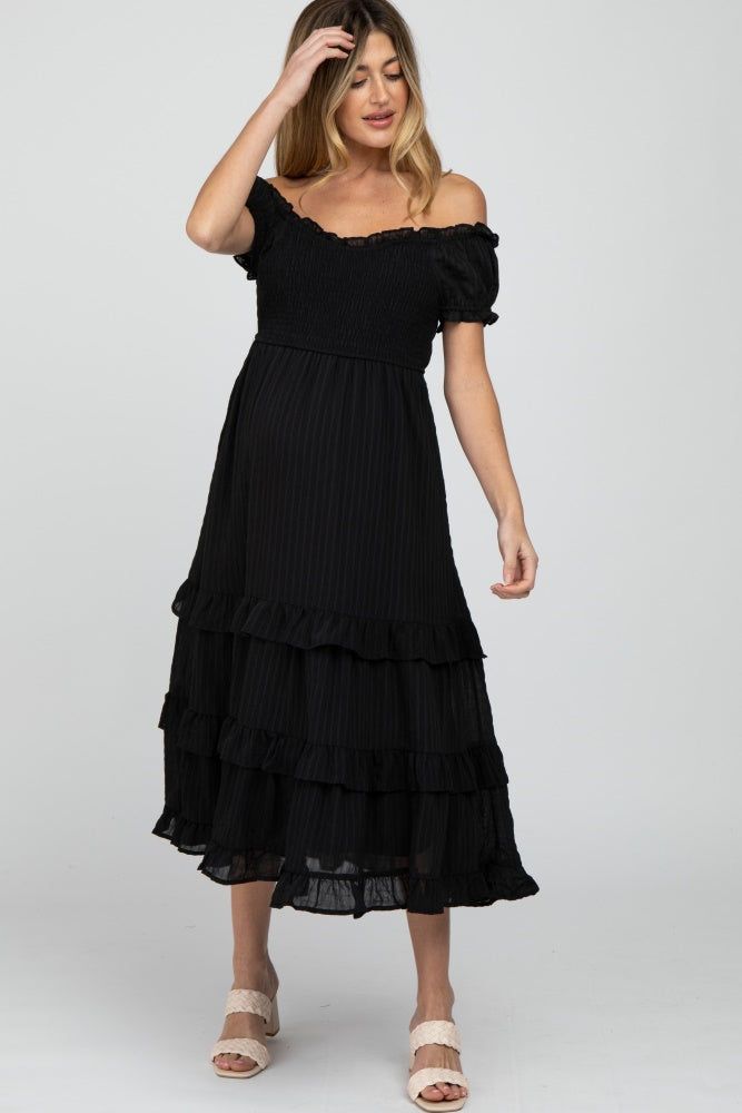 Black Smocked Ruffle Maternity Midi Dress sold by Pinkblush