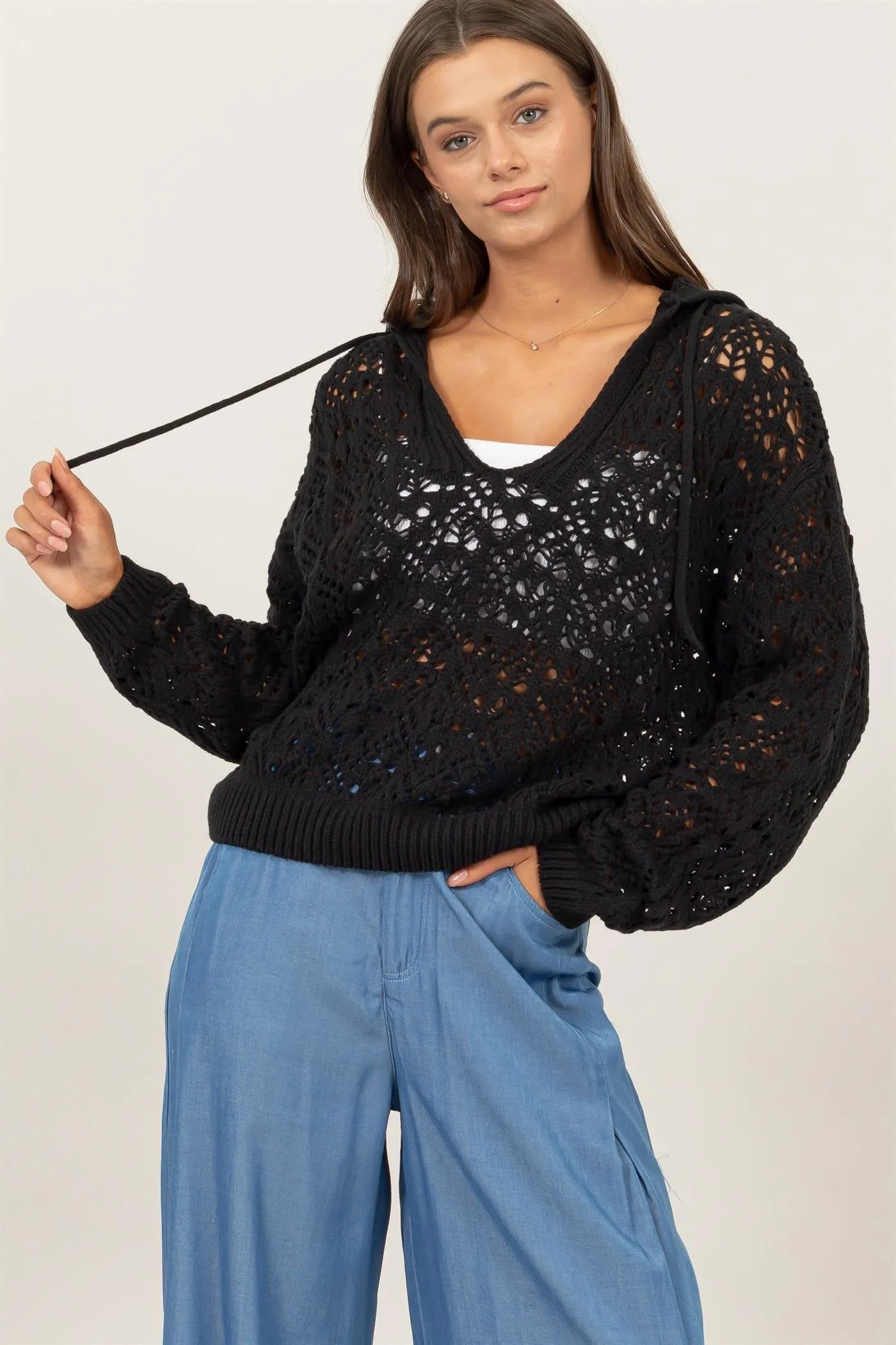 Black Open-Stitch Hoodie Crochet Sweater sold by Pinkblush
