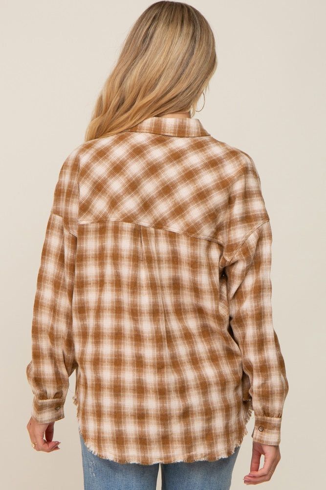 Mocha Plaid Button Up Raw Edge Maternity Flannel Top sold by Pinkblush product image thumbnail 3