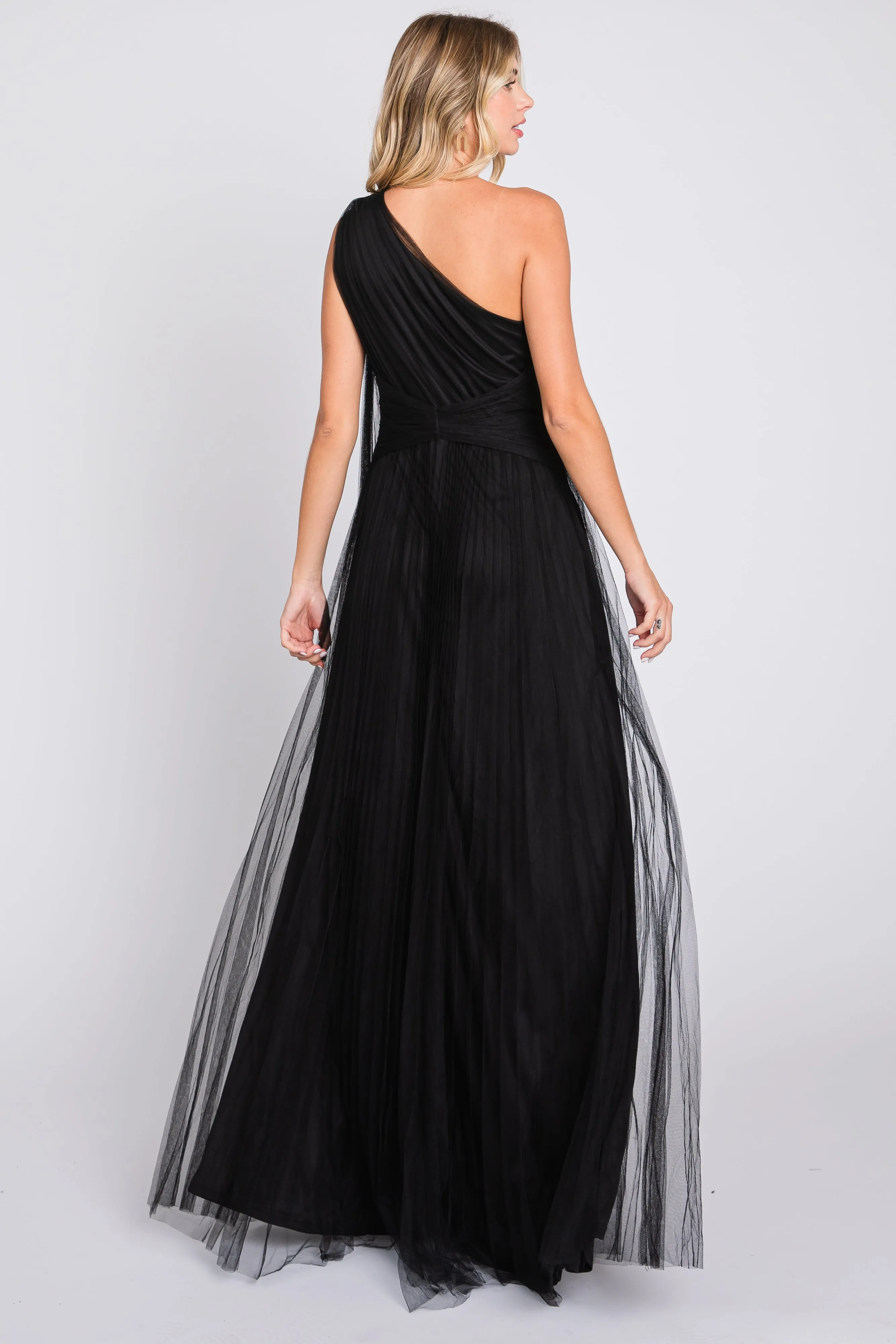 Black One Shoulder Pleated Mesh Gown sold by Pinkblush product image thumbnail 3