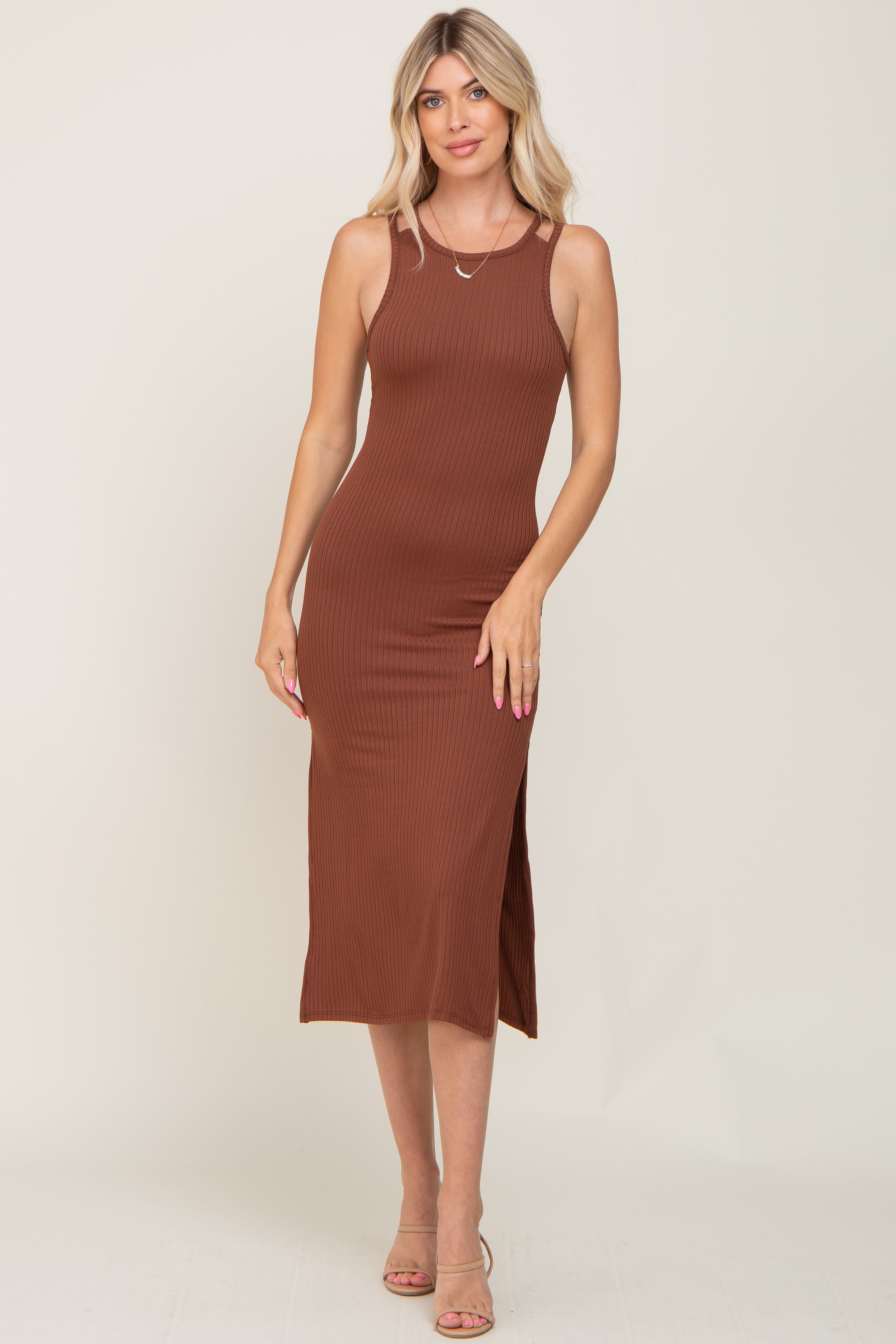 Brown Ribbed Cutout Shoulder Side Slit Midi Dress sold by Pinkblush product image thumbnail 4