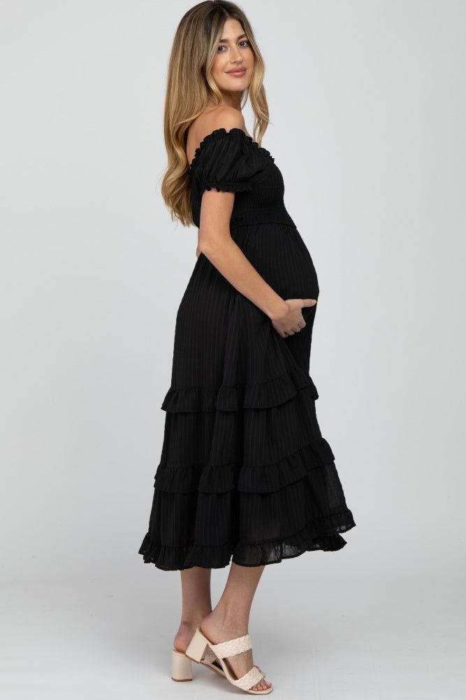 Black Smocked Ruffle Maternity Midi Dress sold by Pinkblush product image thumbnail 2