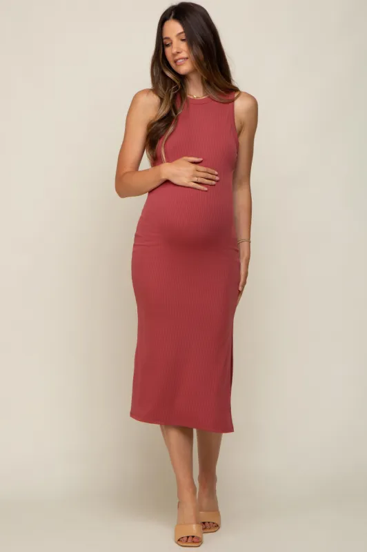 Burgundy Sleeveless Ribbed Maternity Midi Dress sold by Pinkblush