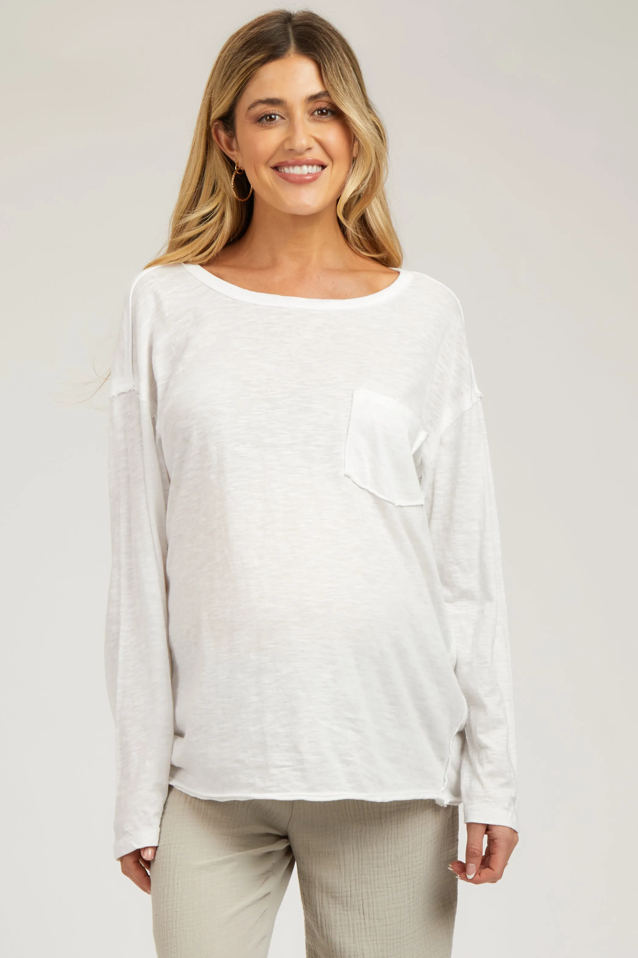 White Mineral Wash Front Pocket Long Sleeve Maternity Top sold by Pinkblush