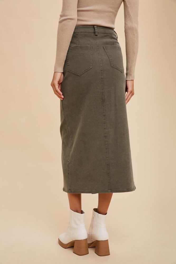 Olive Garment Washed Stretch Twill Pencil Skirt sold by Pinkblush product image thumbnail 4