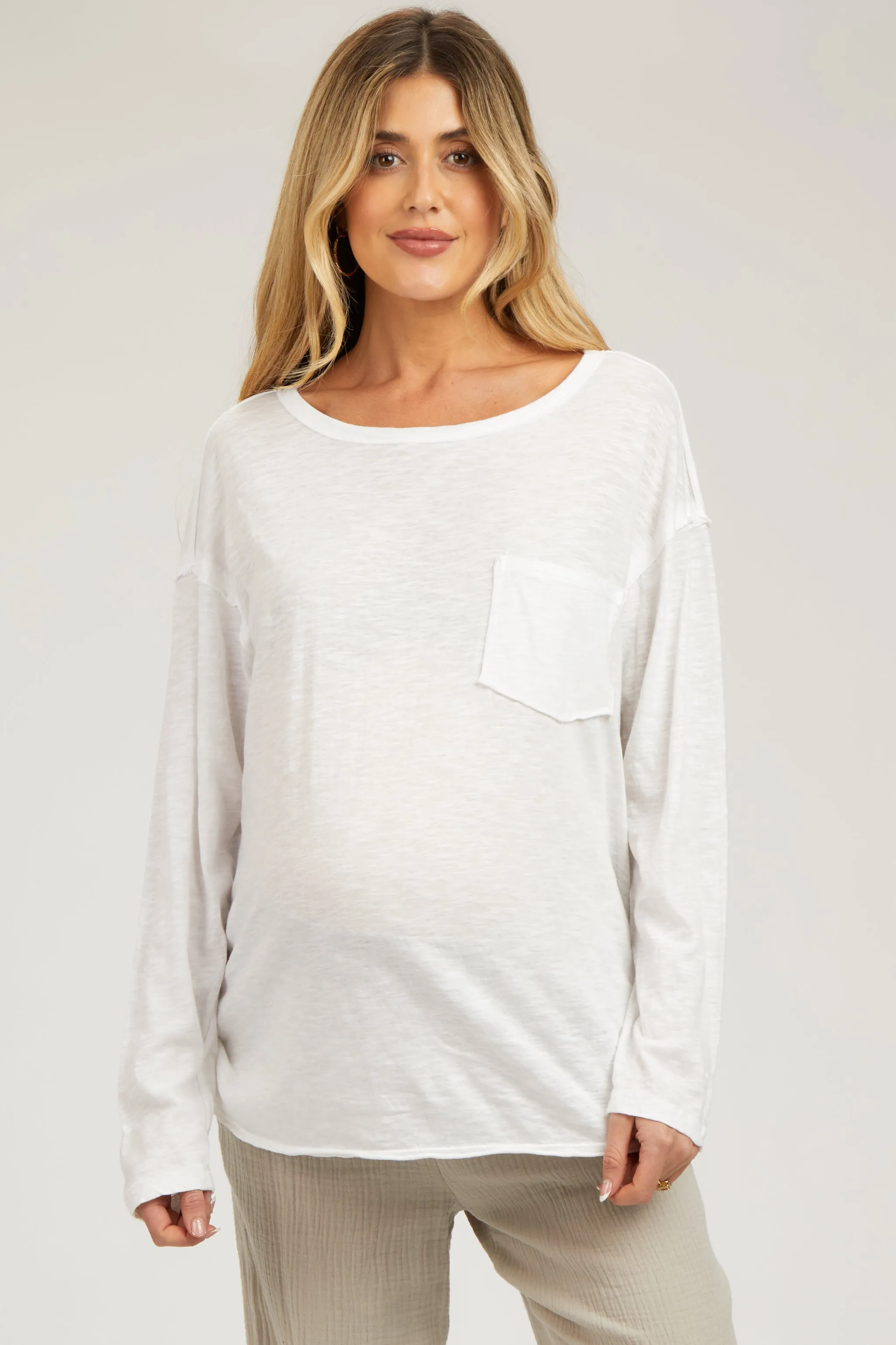 White Mineral Wash Front Pocket Long Sleeve Maternity Top sold by Pinkblush product image thumbnail 2