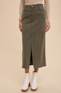 Olive Garment Washed Stretch Twill Pencil Skirt sold by Pinkblush
