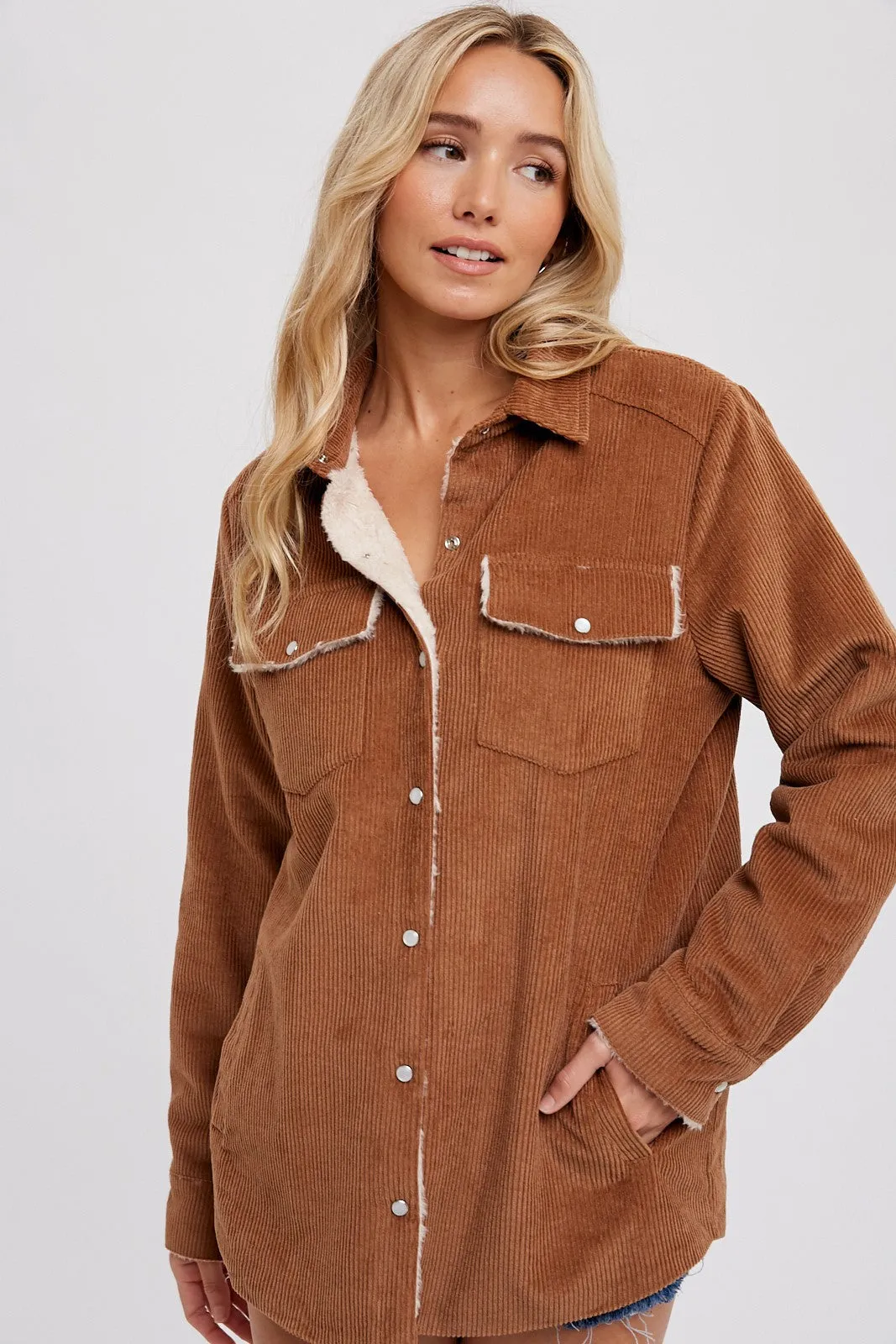 Camel Corduroy Fleece Lined Shacket sold by Pinkblush product image thumbnail 4