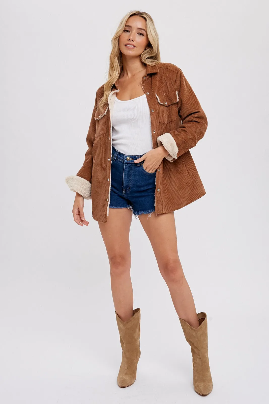 Camel Corduroy Fleece Lined Shacket sold by Pinkblush