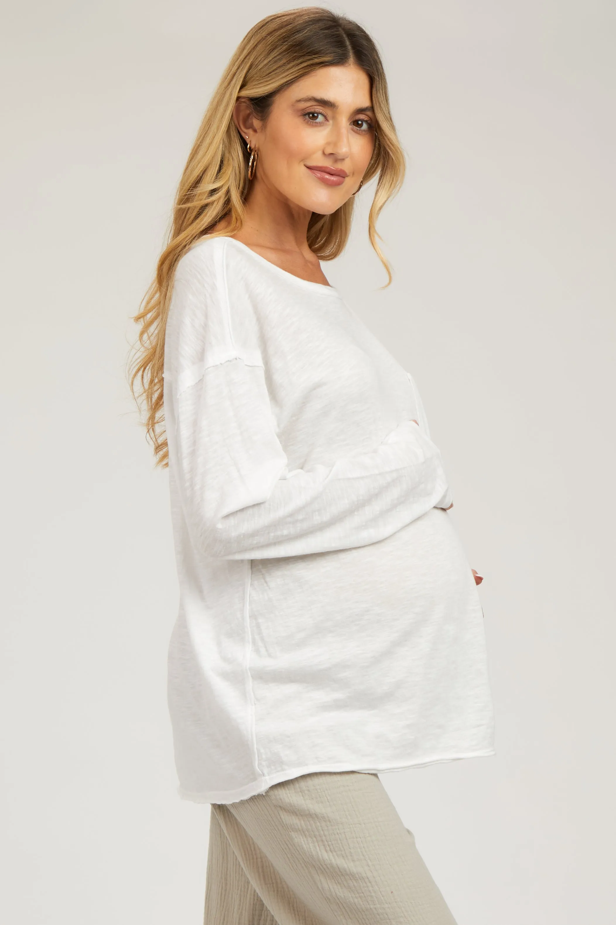 White Mineral Wash Front Pocket Long Sleeve Maternity Top sold by Pinkblush product image thumbnail 3