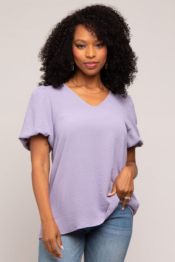 Lavender Puff Sleeve V-Neck Top sold by Pinkblush