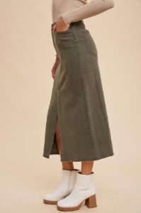 Olive Garment Washed Stretch Twill Pencil Skirt sold by Pinkblush
