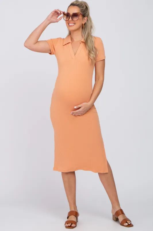 Peach Collared Ribbed Maternity Midi Dress sold by Pinkblush