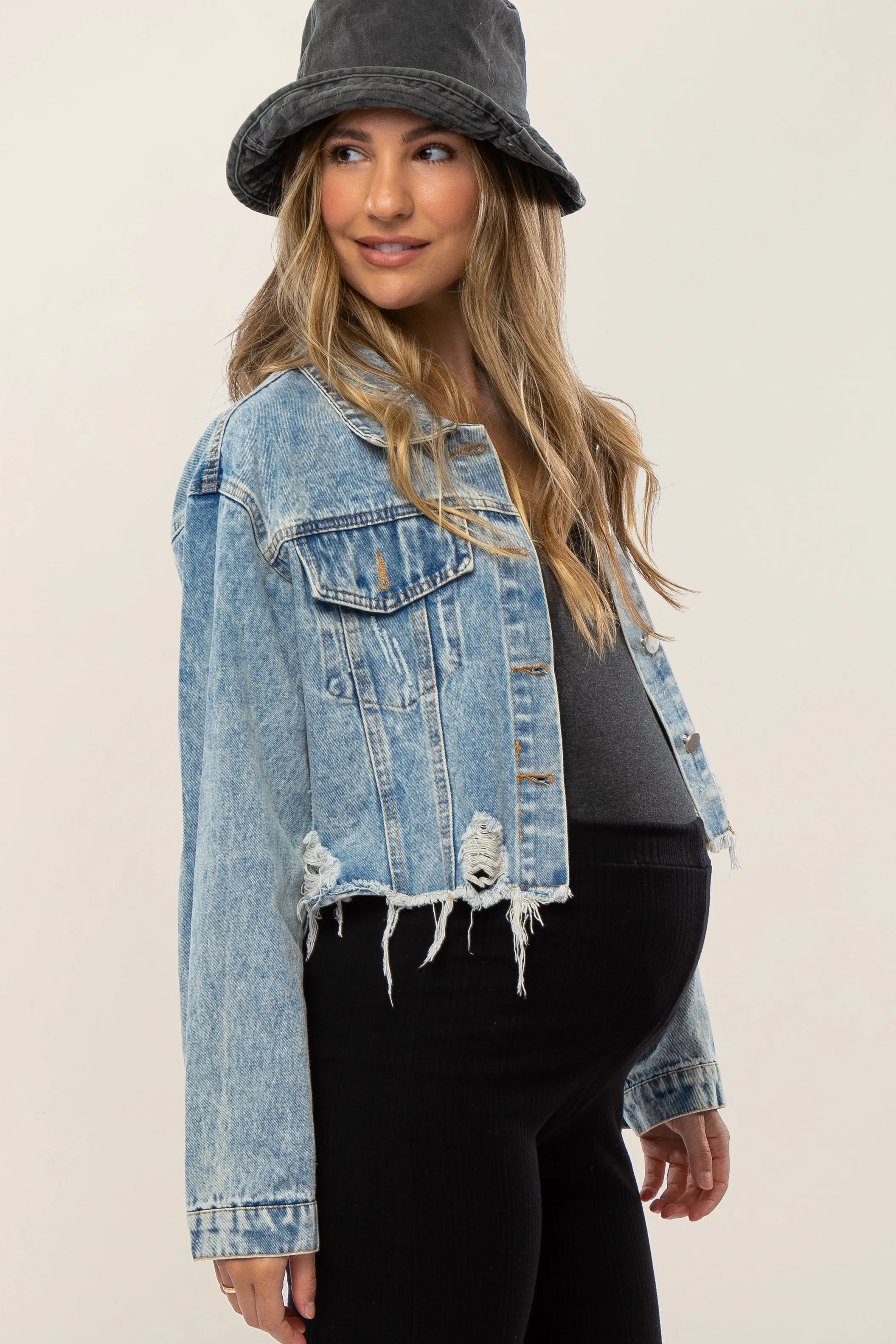 Light Blue Distressed Cropped Maternity Denim Jacket sold by Pinkblush product image thumbnail 2