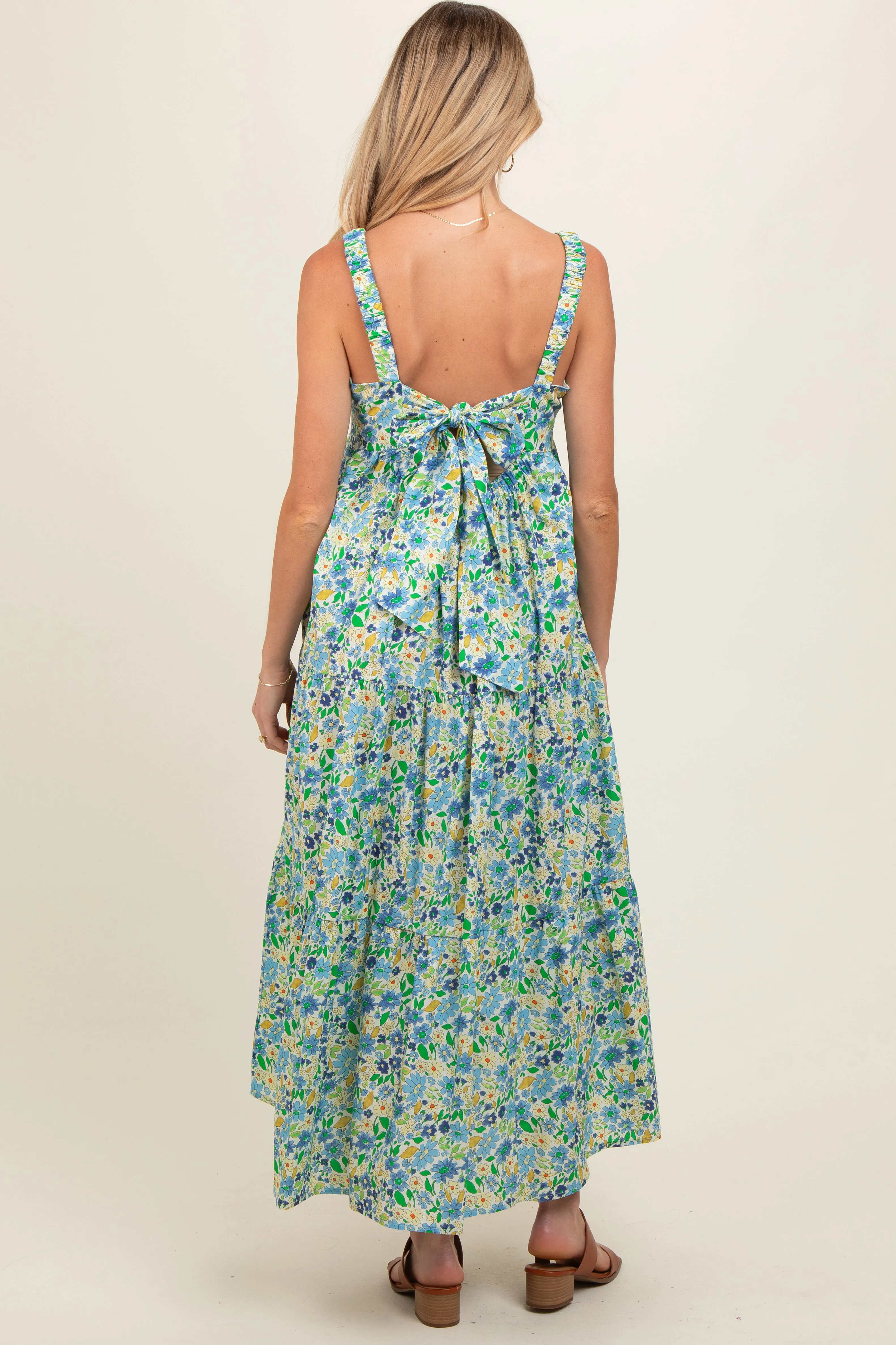 Blue Floral Square Neck Cut Out Back Tiered Maternity Maxi Dress sold by Pinkblush product image thumbnail 4