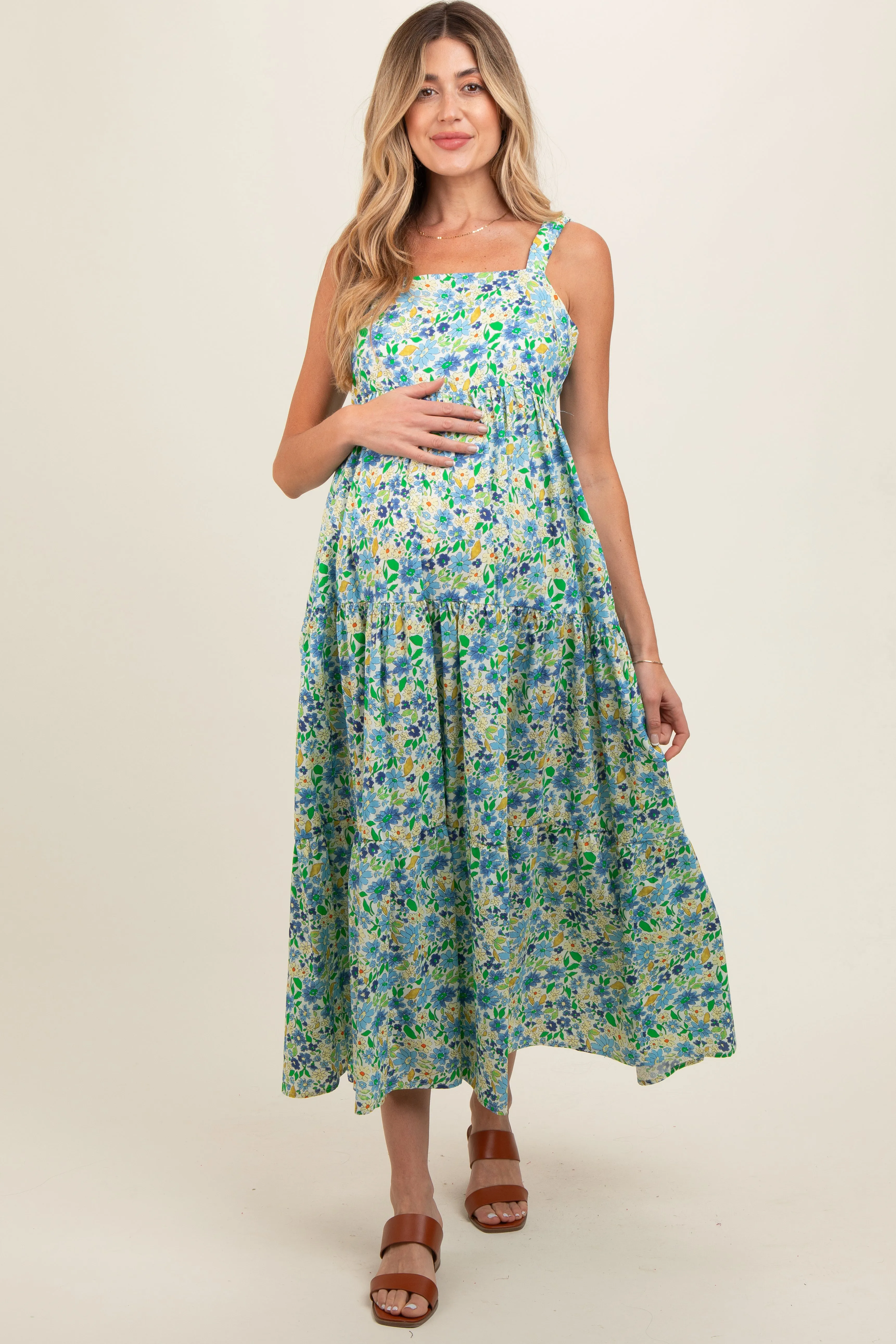 Blue Floral Square Neck Cut Out Back Tiered Maternity Maxi Dress sold by Pinkblush