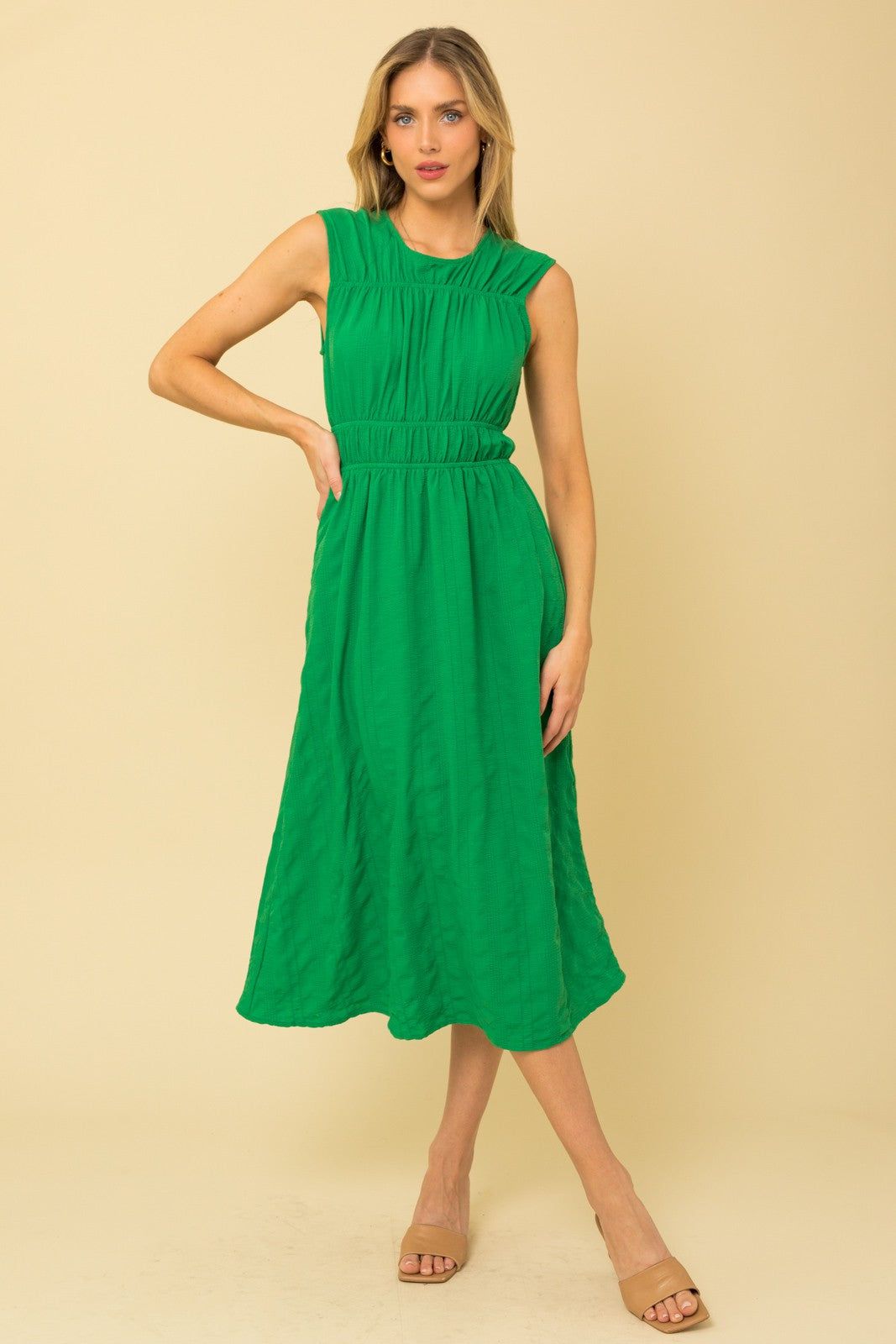 Kelly Green Sleeveless Elastic Shirring Midi Dress sold by Pinkblush