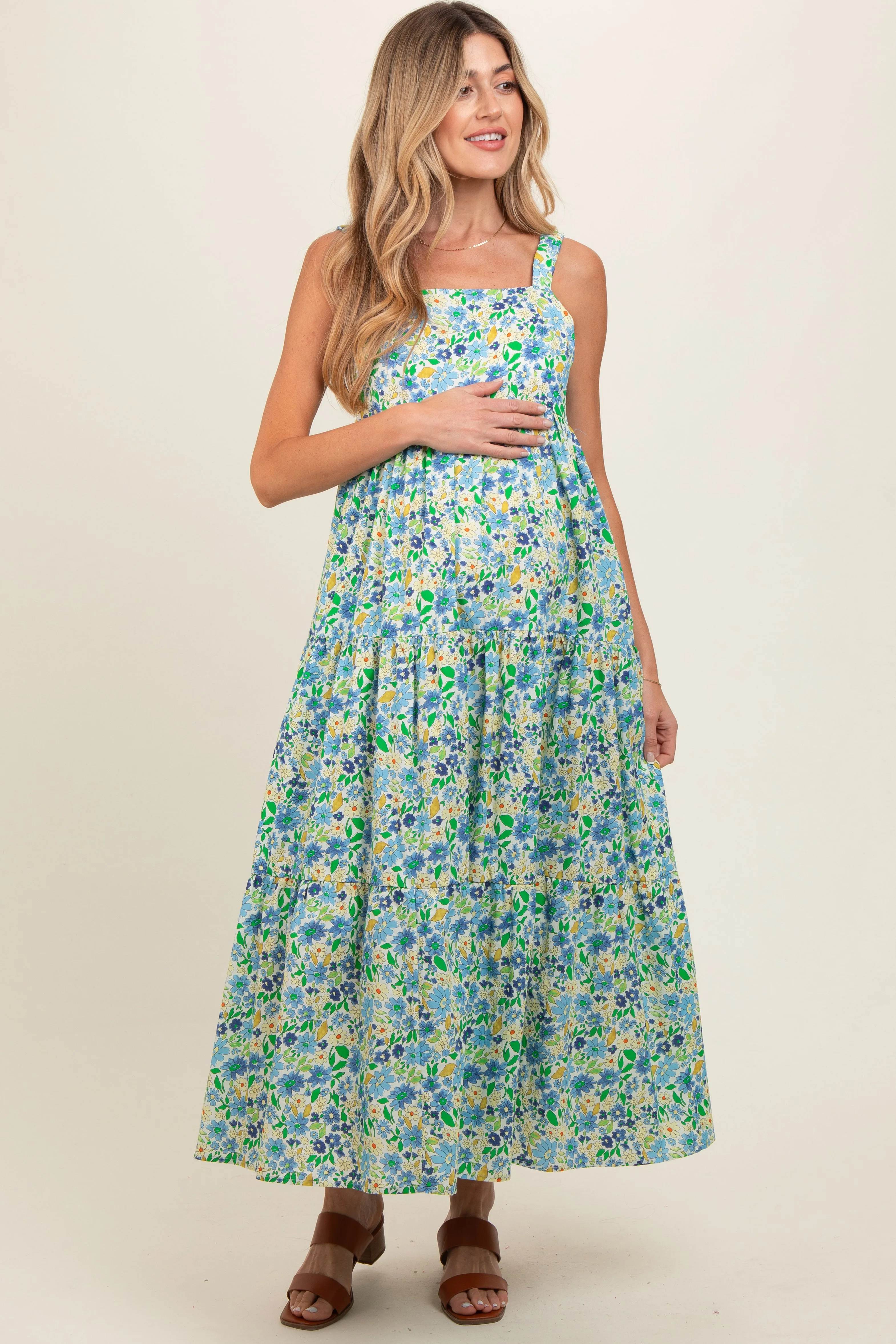 Blue Floral Square Neck Cut Out Back Tiered Maternity Maxi Dress sold by Pinkblush product image thumbnail 2