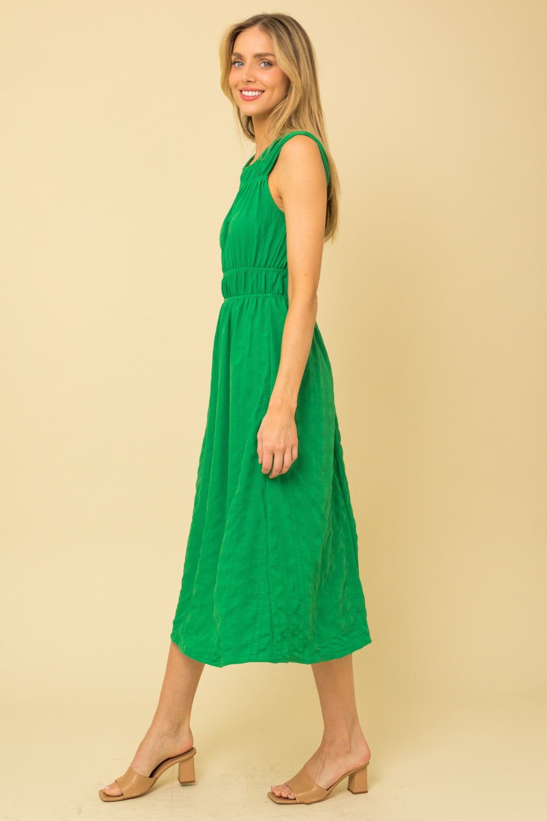 Kelly Green Sleeveless Elastic Shirring Midi Dress sold by Pinkblush product image thumbnail 2