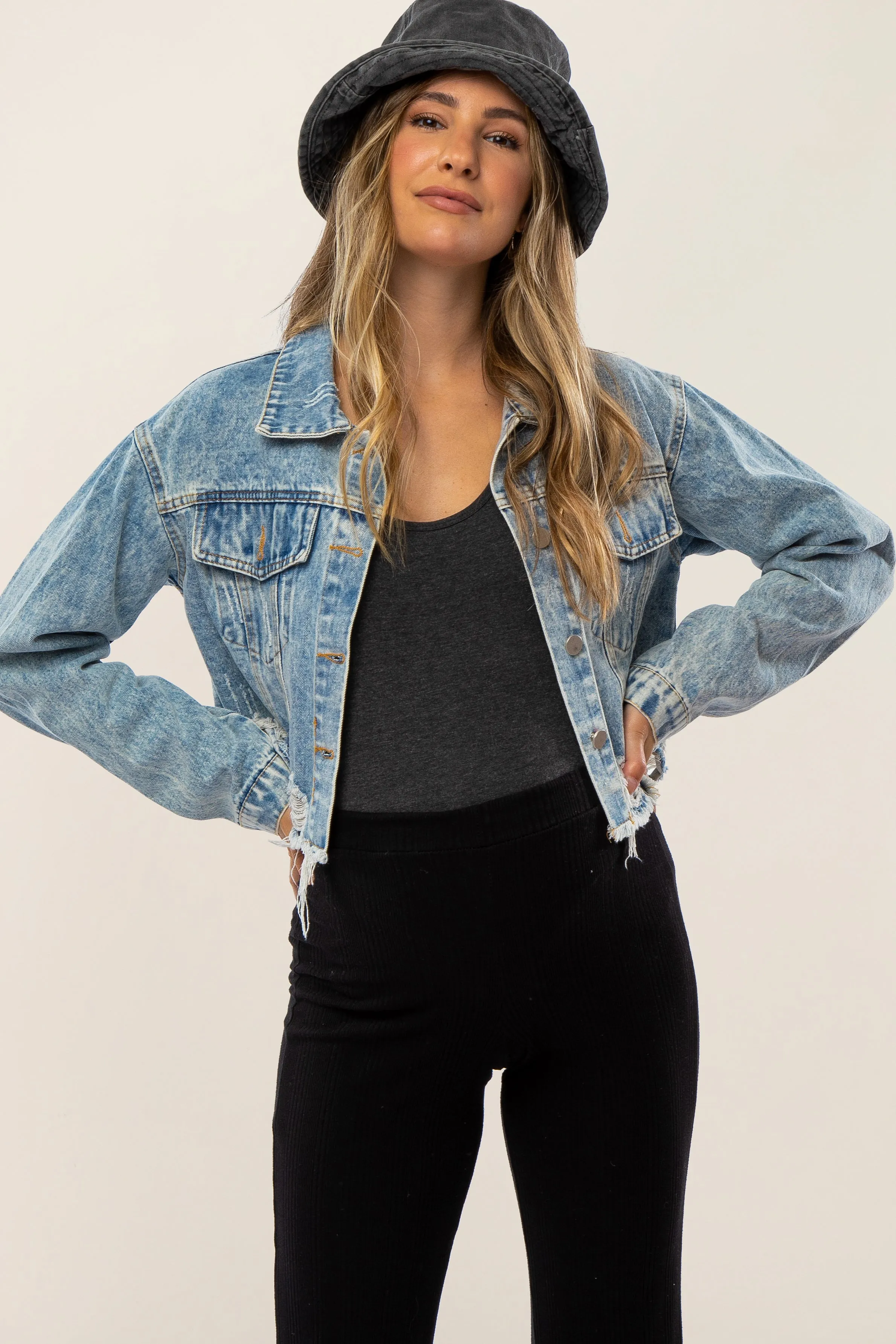 Light Blue Distressed Cropped Maternity Denim Jacket sold by Pinkblush