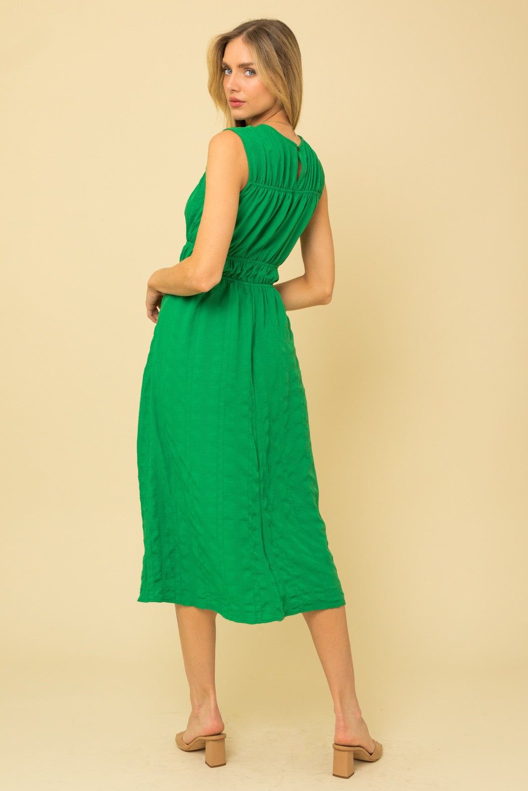 Kelly Green Sleeveless Elastic Shirring Midi Dress sold by Pinkblush product image thumbnail 3