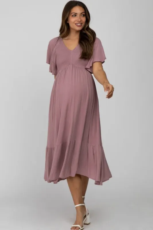 Lilac Smocked Ruffle Maternity Dress sold by Pinkblush