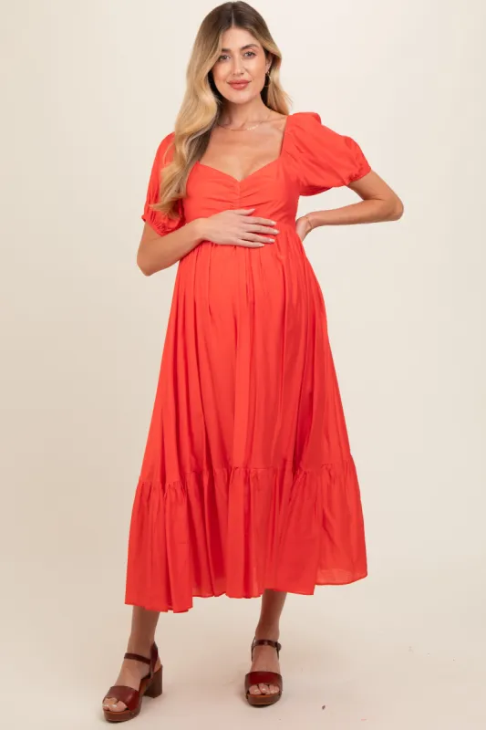 Red Front Ruched Smocked Puff Sleeve Maternity Dress sold by Pinkblush