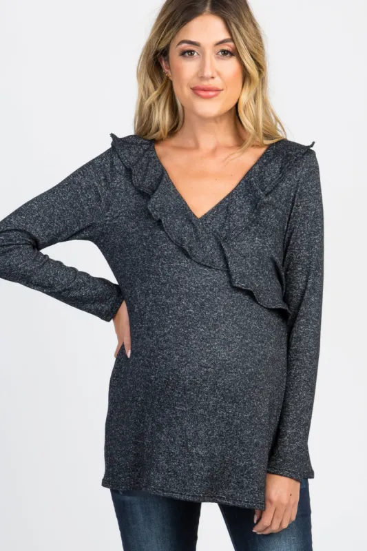 PinkBlush Black Heather Ruffle Trim Maternity Nursing Wrap Top sold by Pinkblush