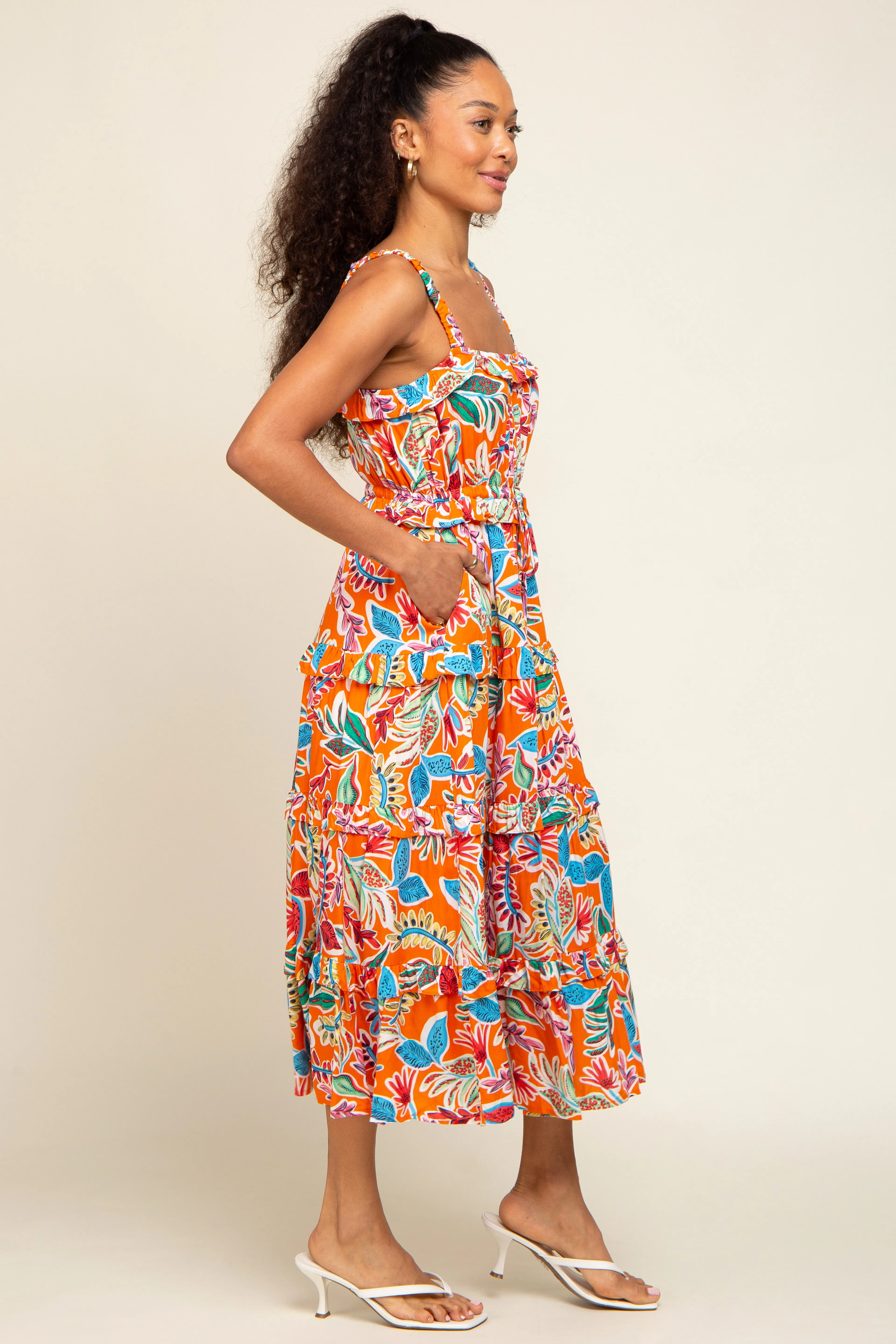 Orange Multi-Color Floral Sleeveless Tiered Midi Dress sold by Pinkblush product image thumbnail 2