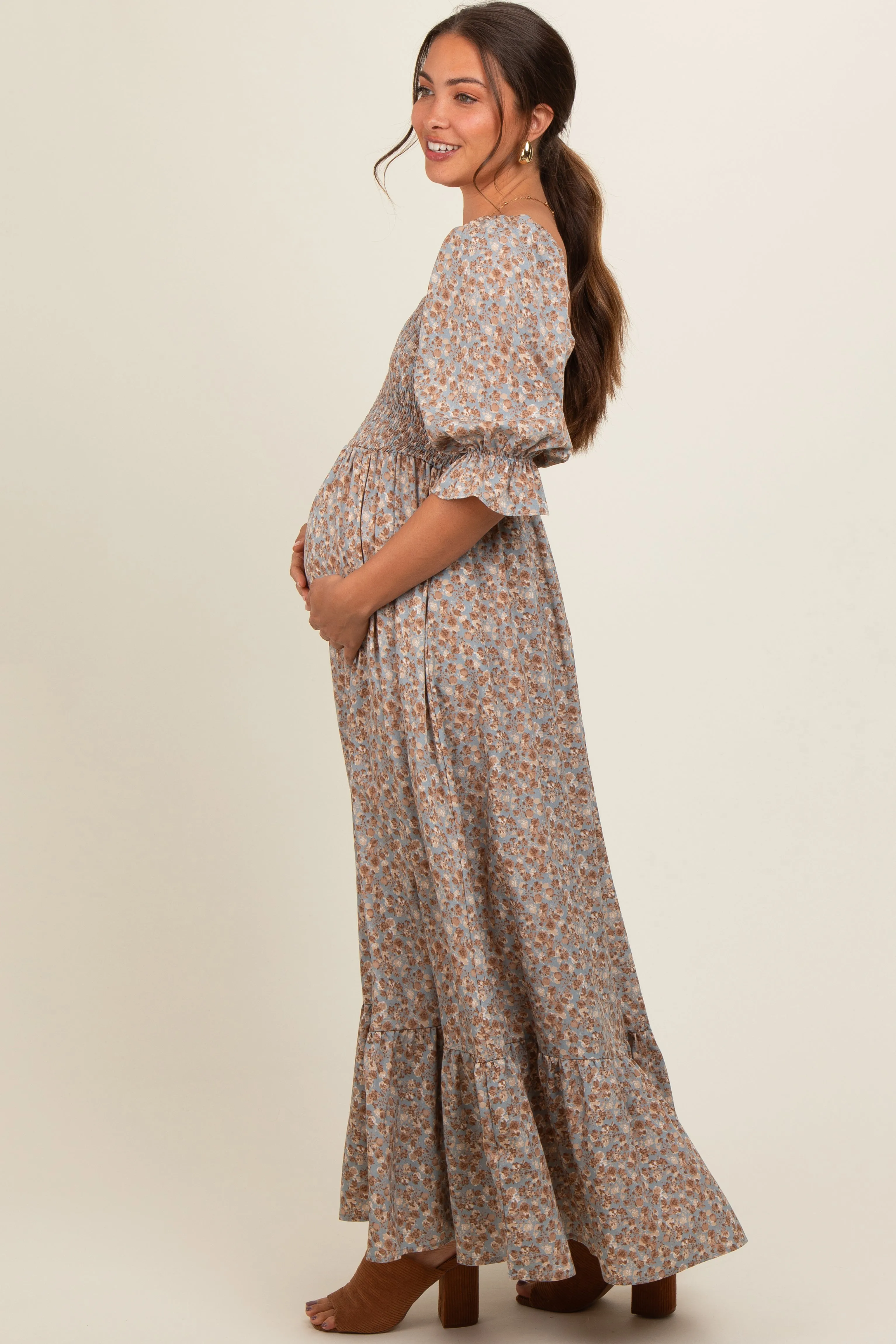 Light Blue Sweetheart Neck Smocked Ruffle Hem Maternity Maxi Dress sold by Pinkblush product image thumbnail 3