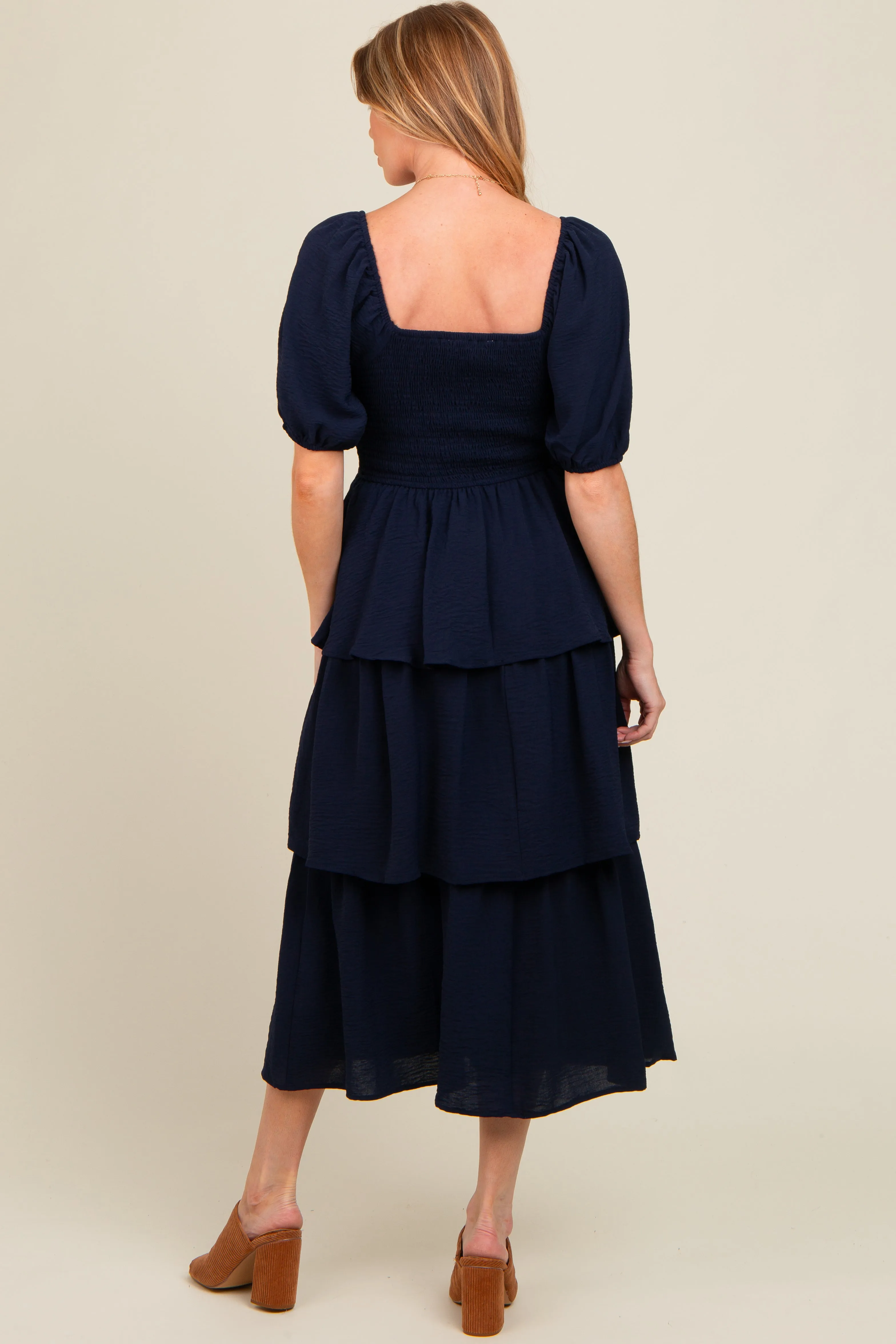 Navy Smocked Body Ruffled Tiered Maternity Midi Dress sold by Pinkblush product image thumbnail 3