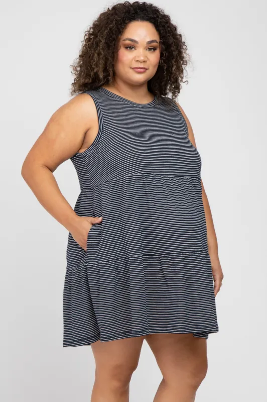 Navy Blue Striped Sleeveless Tiered Maternity Plus Dress sold by Pinkblush