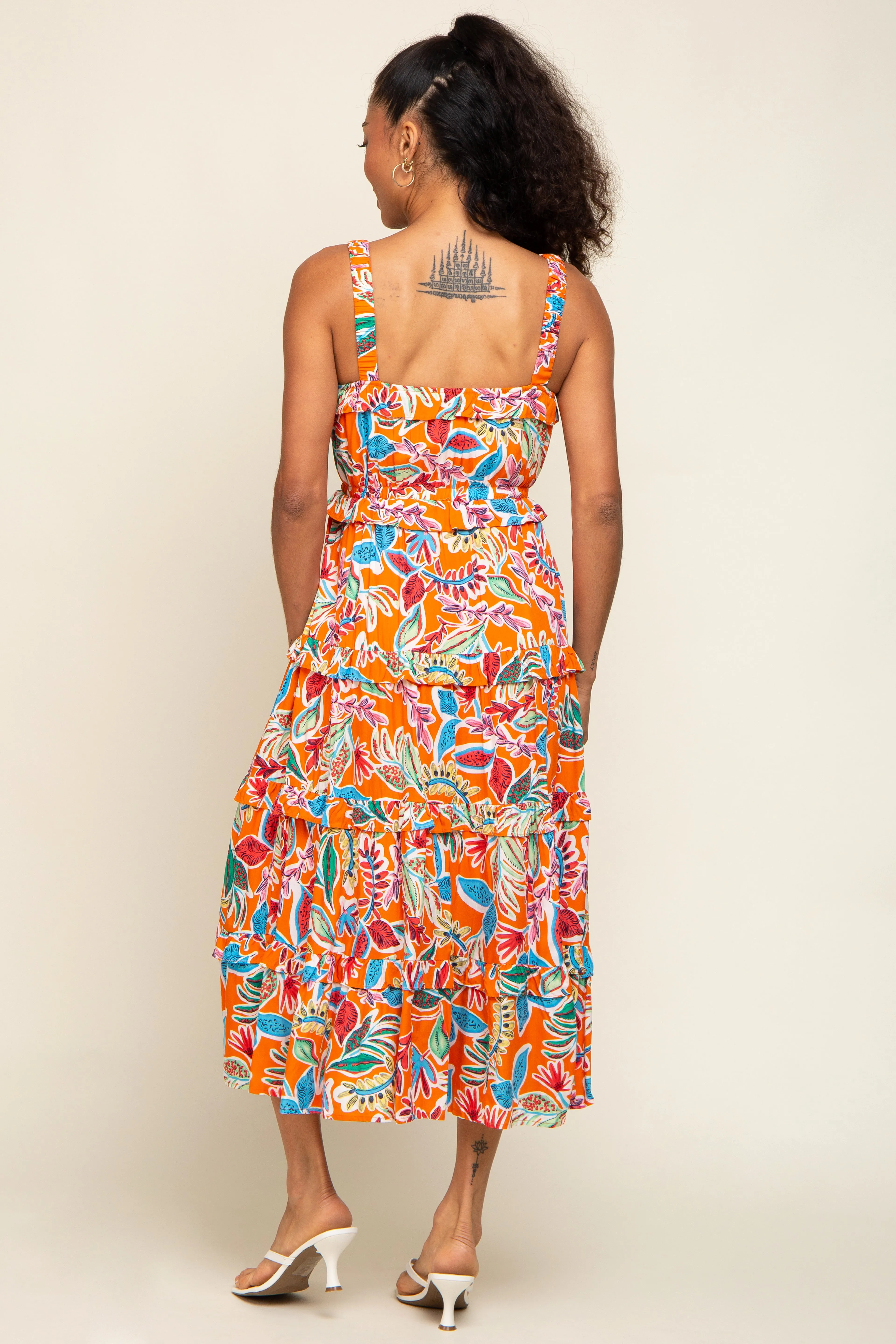 Orange Multi-Color Floral Sleeveless Tiered Midi Dress sold by Pinkblush product image thumbnail 3