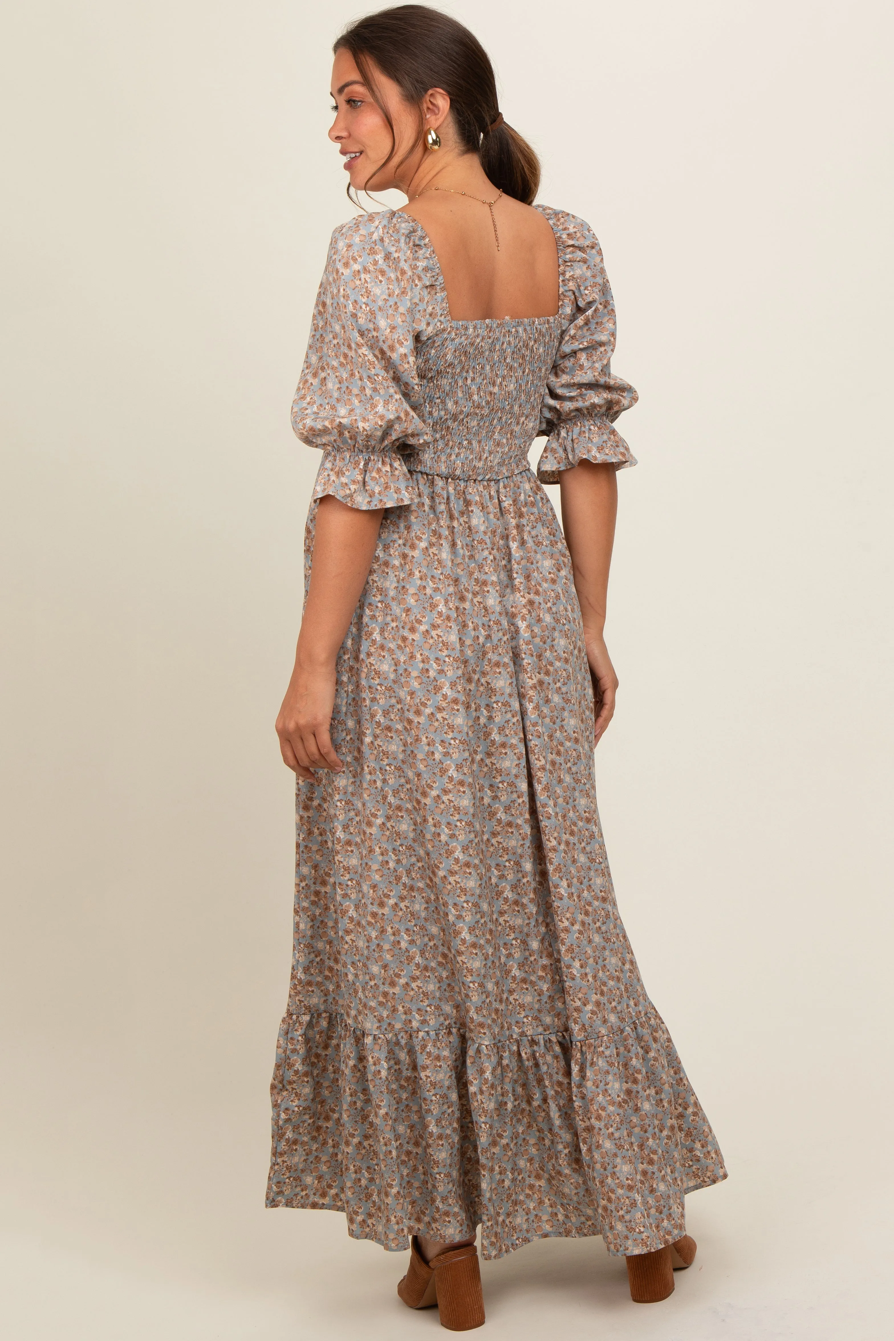 Light Blue Sweetheart Neck Smocked Ruffle Hem Maternity Maxi Dress sold by Pinkblush product image thumbnail 4