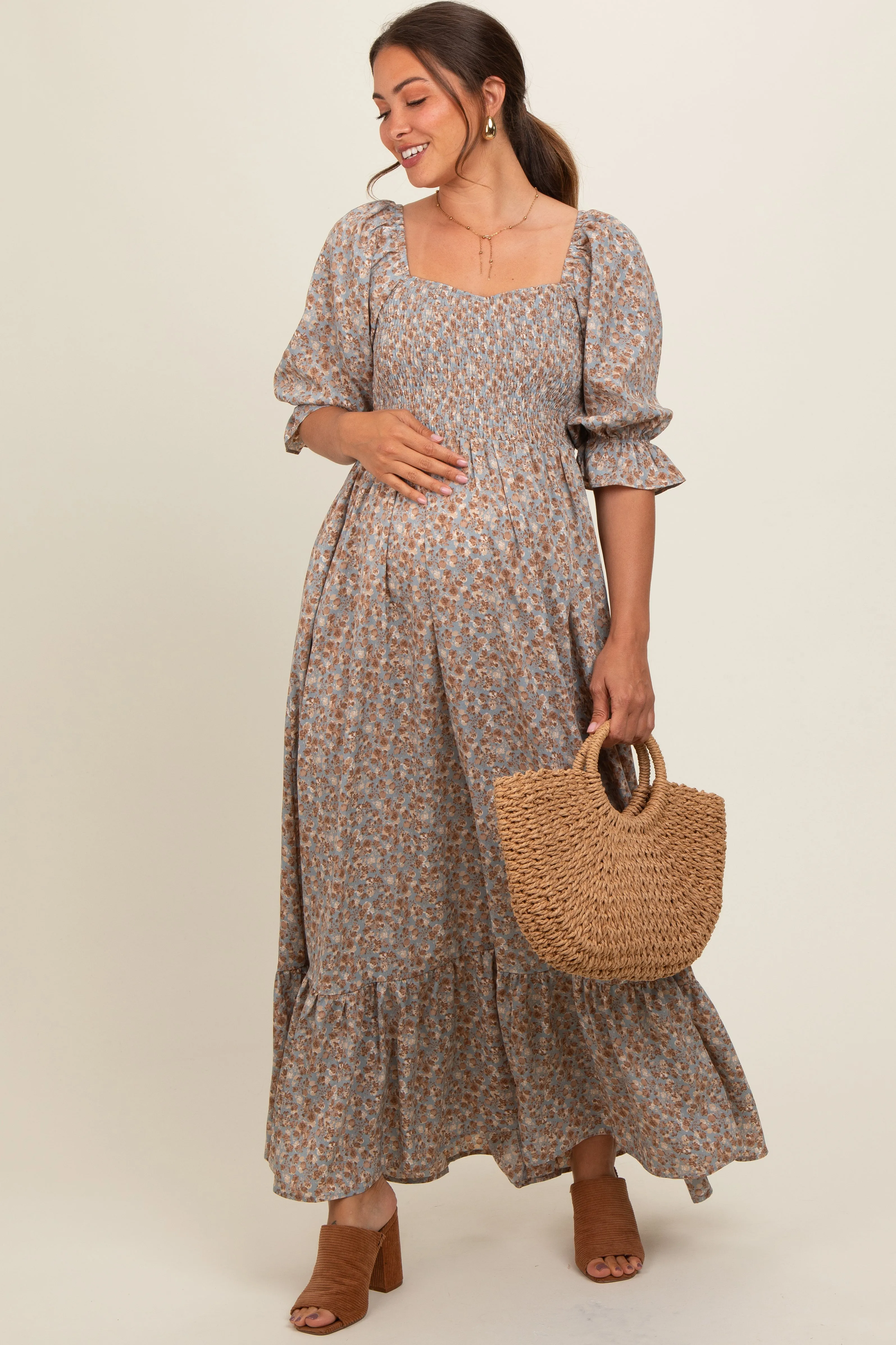 Light Blue Sweetheart Neck Smocked Ruffle Hem Maternity Maxi Dress sold by Pinkblush