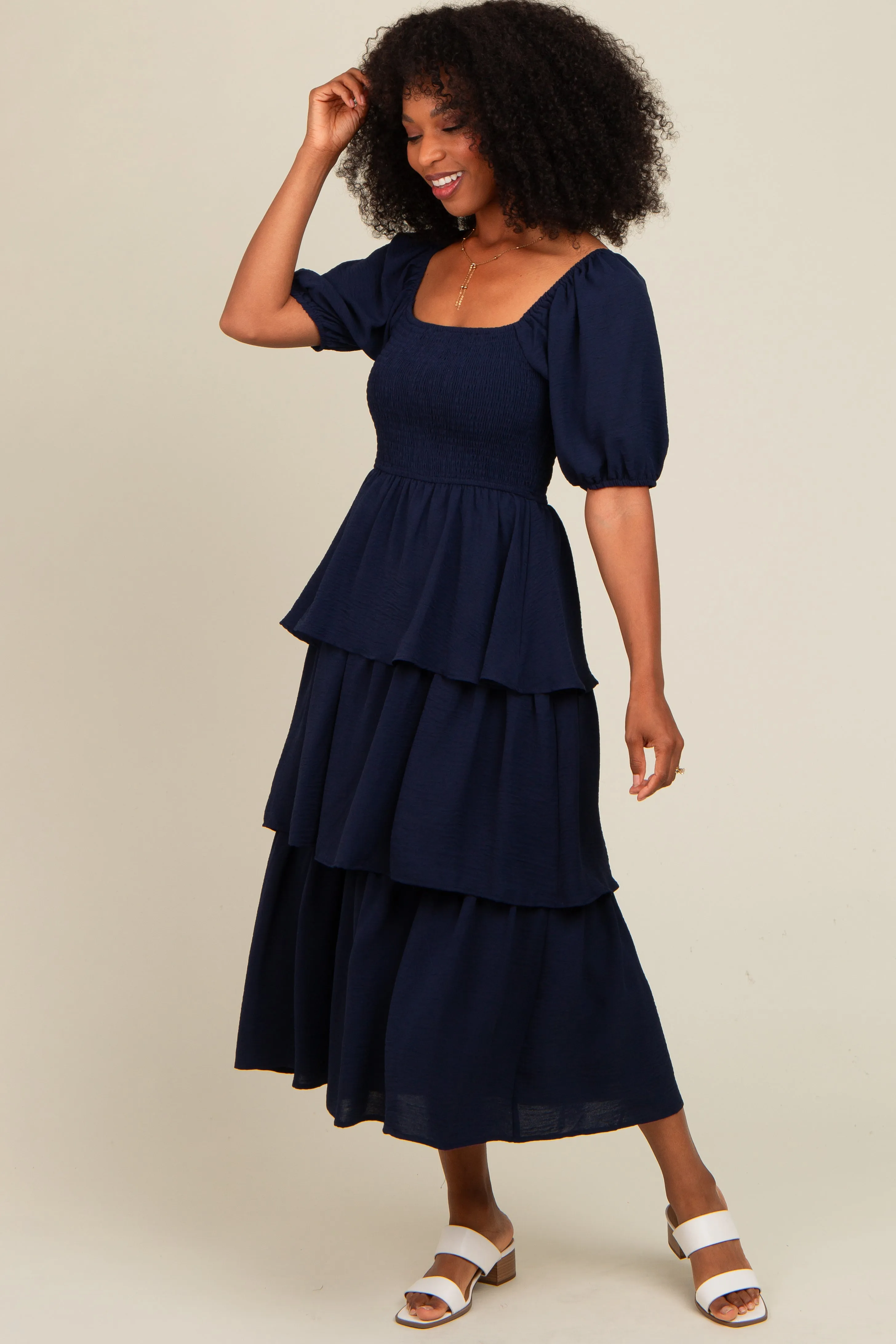 Navy Smocked Body Ruffled Tiered Maternity Midi Dress sold by Pinkblush product image thumbnail 4