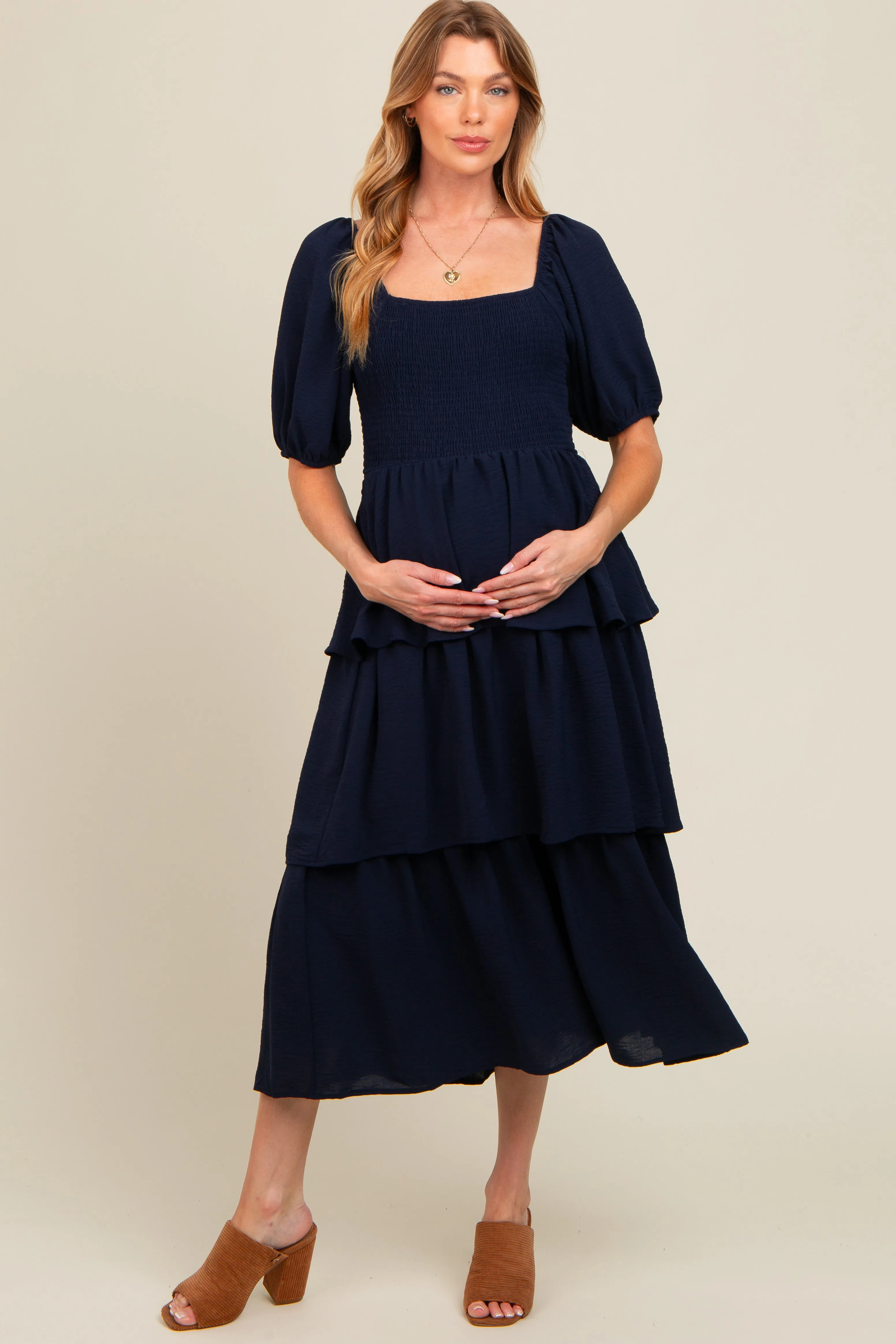 Navy Smocked Body Ruffled Tiered Maternity Midi Dress sold by Pinkblush