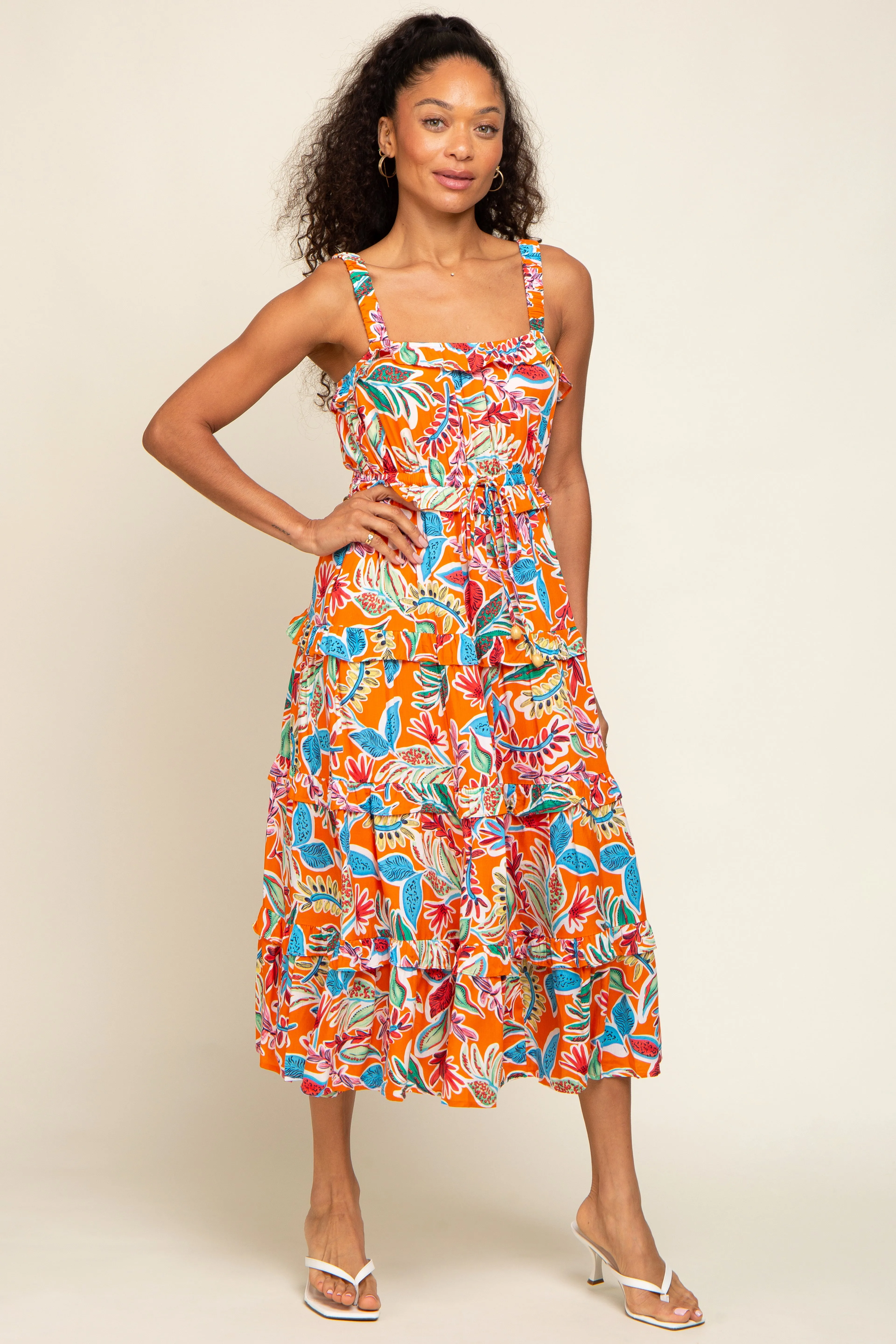 Orange Multi-Color Floral Sleeveless Tiered Midi Dress sold by Pinkblush product image thumbnail 4