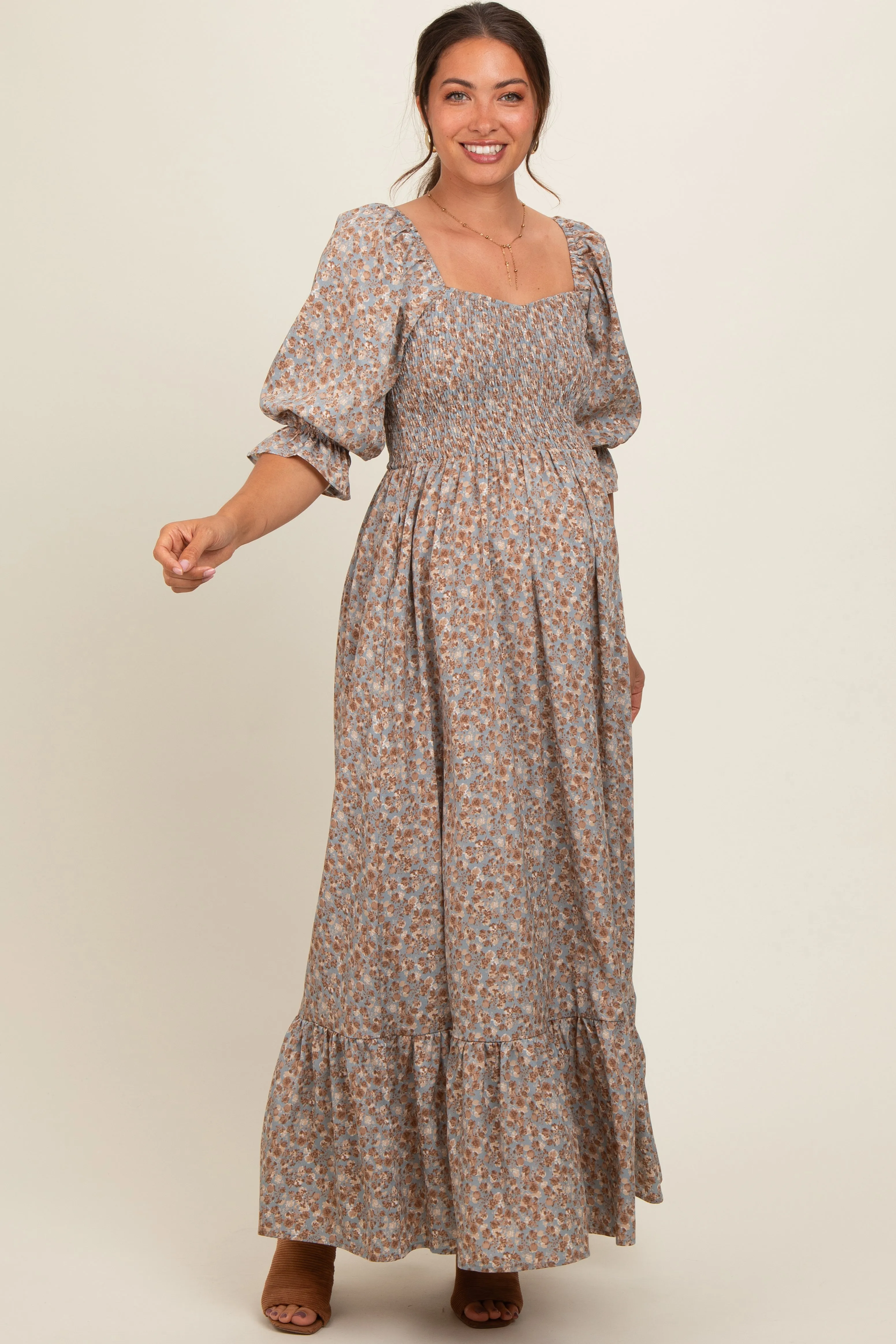 Light Blue Sweetheart Neck Smocked Ruffle Hem Maternity Maxi Dress sold by Pinkblush product image thumbnail 2