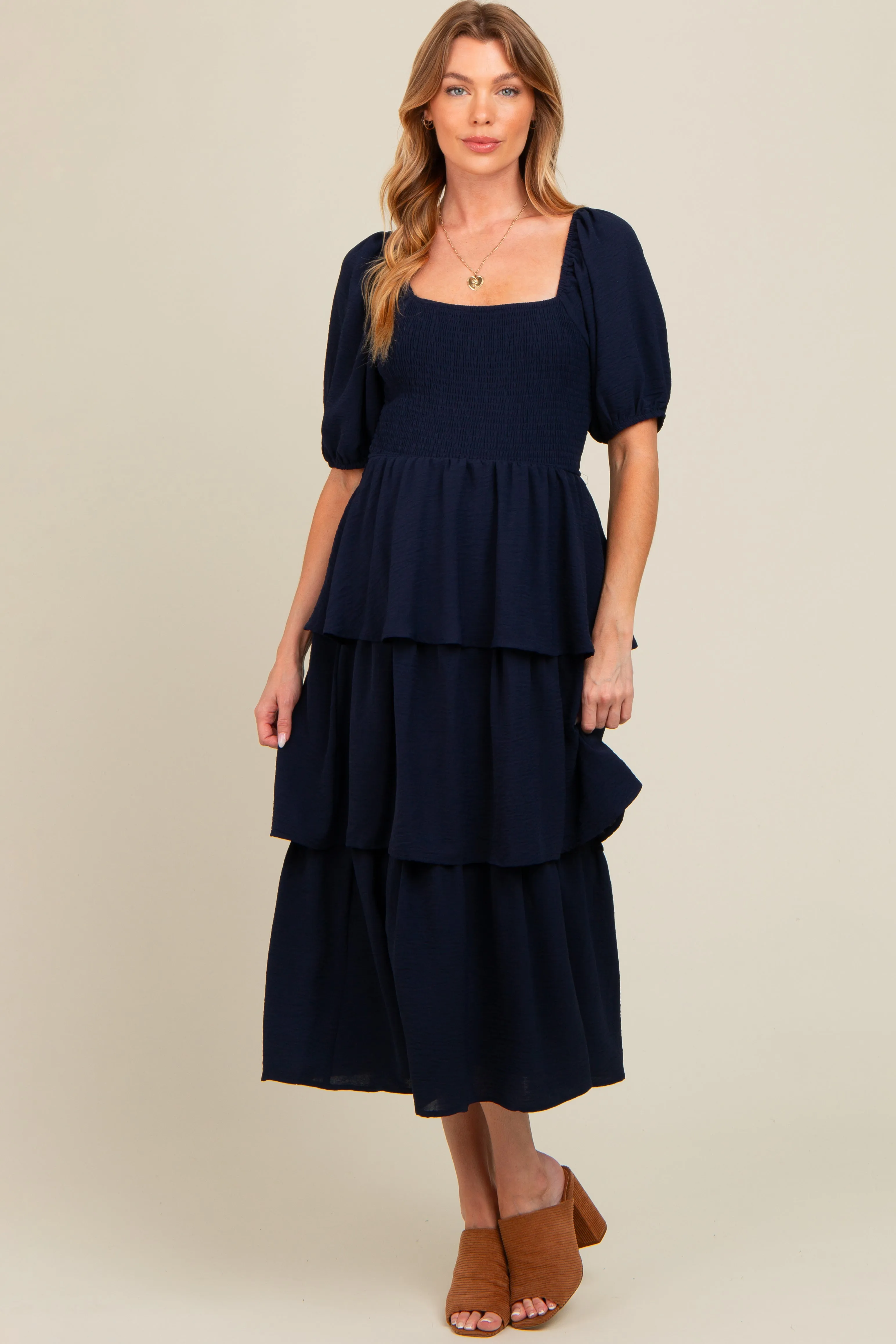 Navy Smocked Body Ruffled Tiered Maternity Midi Dress sold by Pinkblush product image thumbnail 2