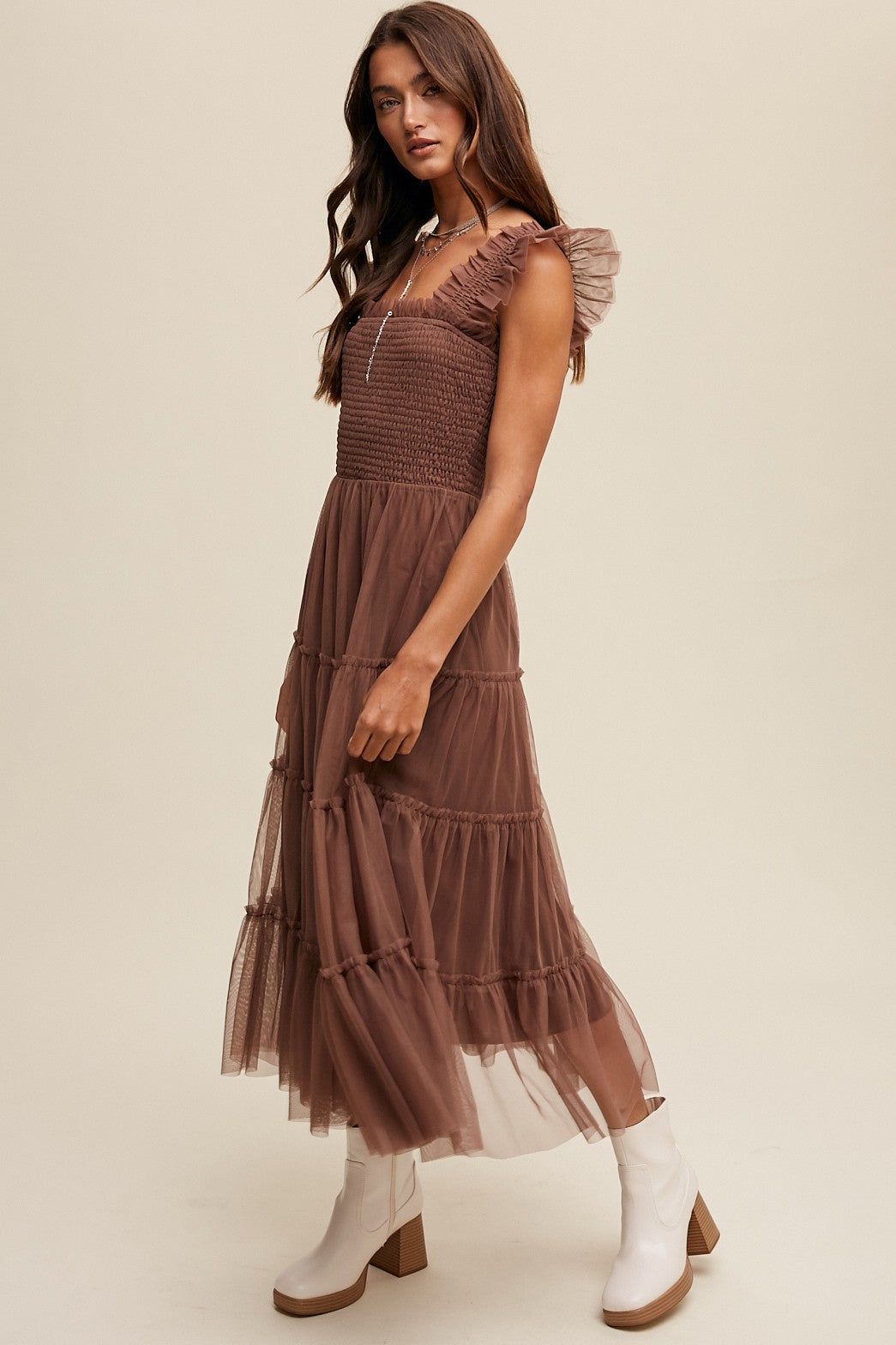 Mocha Smocked Ruffle Tiered Mesh Midi Maxi Dress sold by Pinkblush product image thumbnail 2