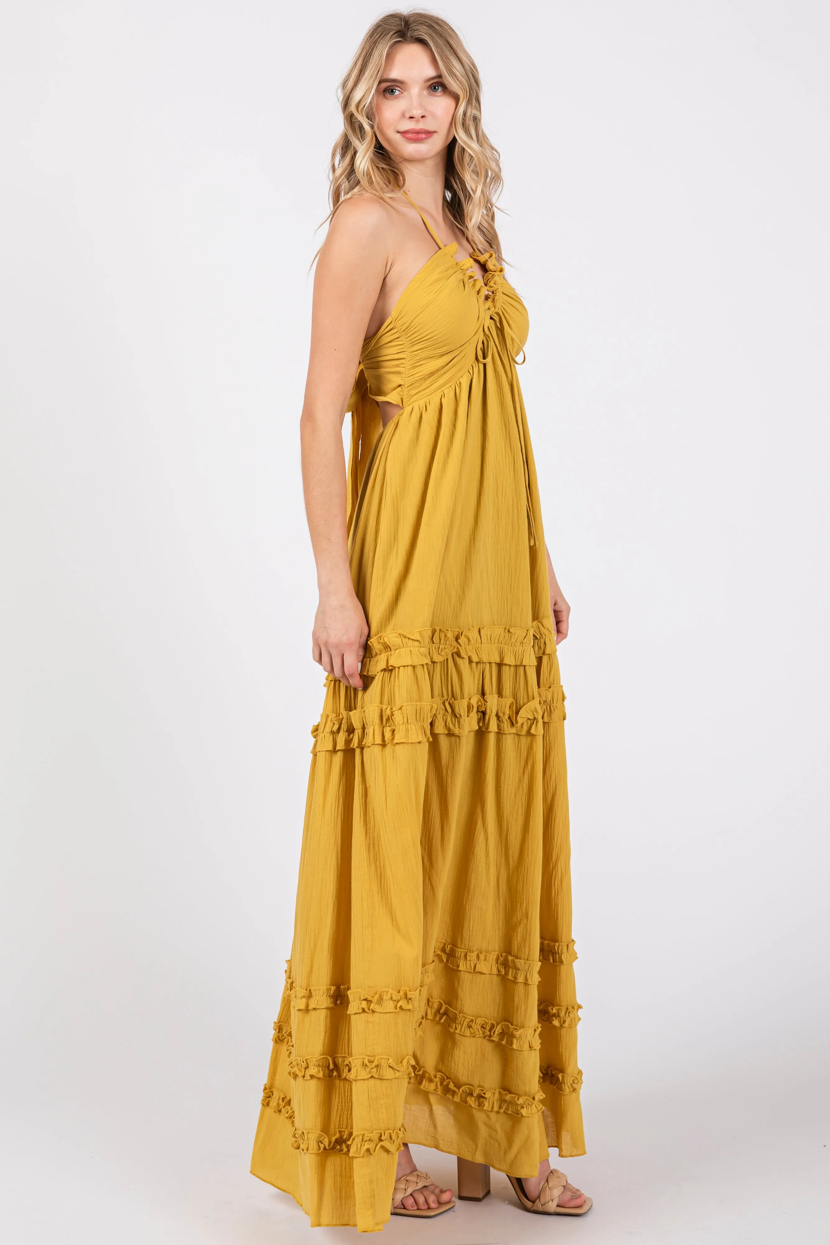 Yellow Ruffle Ruched Deep V-Neck Maxi Dress sold by Pinkblush product image thumbnail 2
