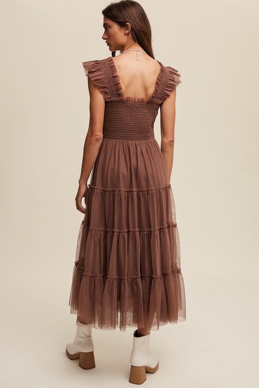 Mocha Smocked Ruffle Tiered Mesh Midi Maxi Dress sold by Pinkblush product image thumbnail 3