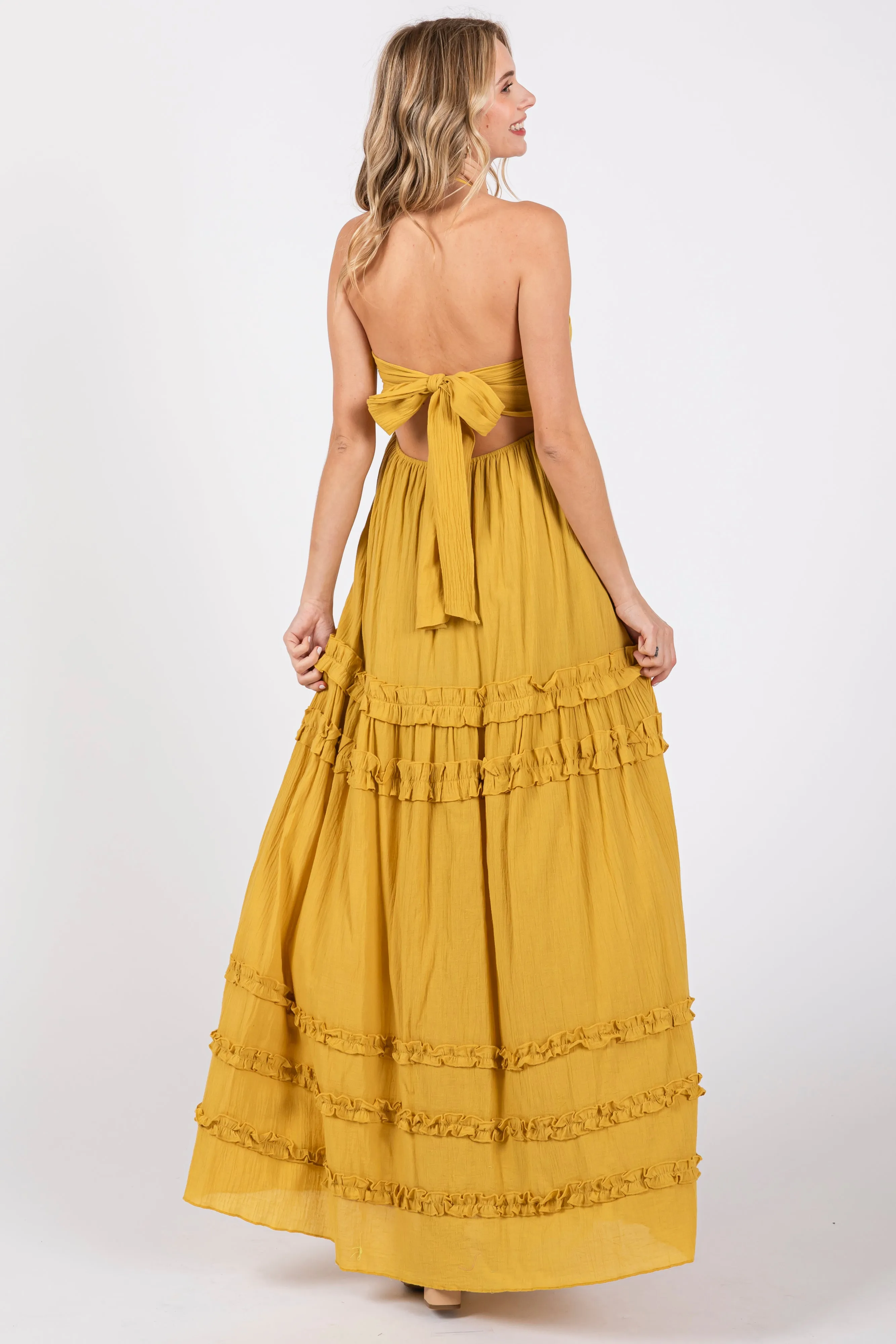 Yellow Ruffle Ruched Deep V-Neck Maxi Dress sold by Pinkblush product image thumbnail 3
