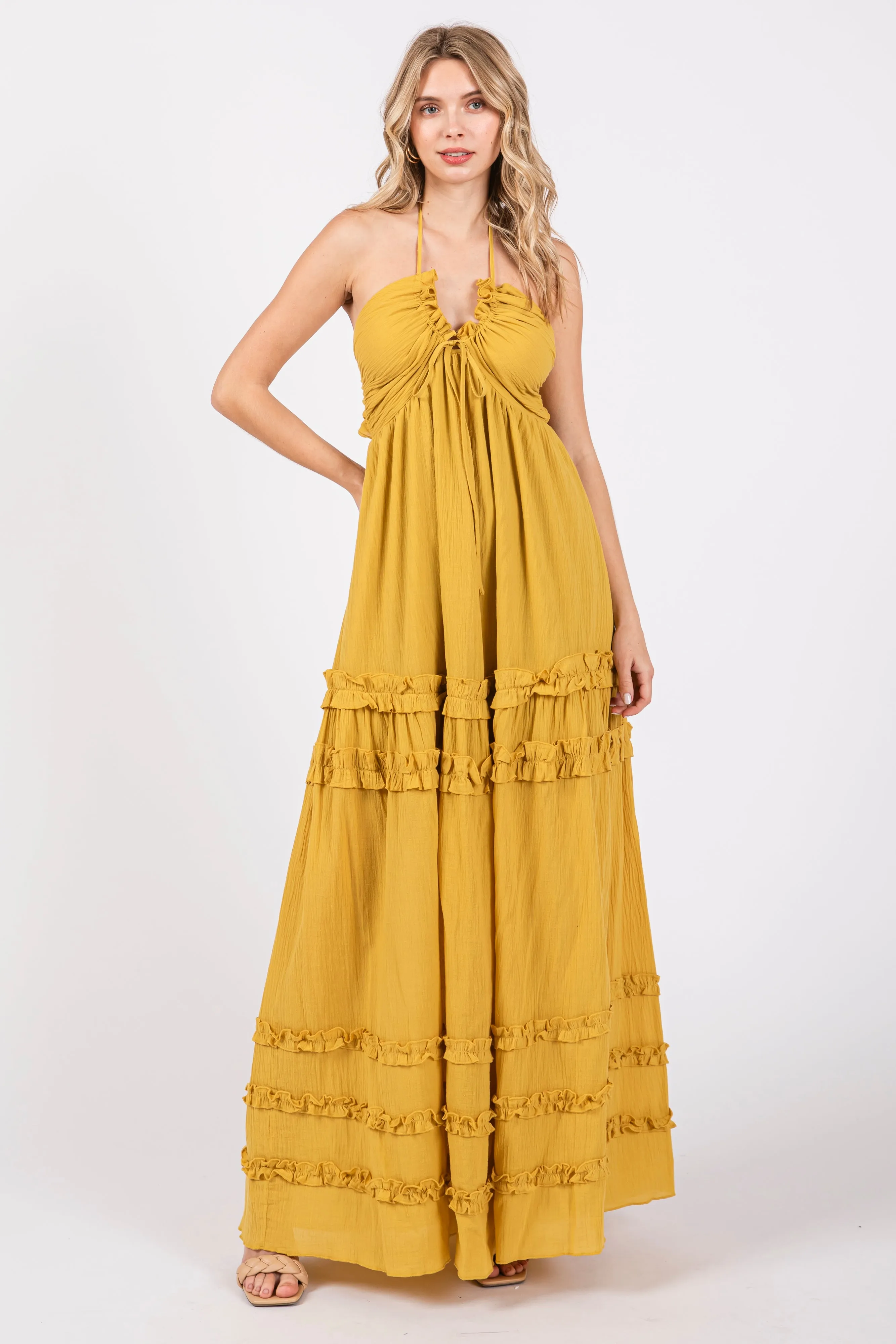 Yellow Ruffle Ruched Deep V-Neck Maxi Dress sold by Pinkblush