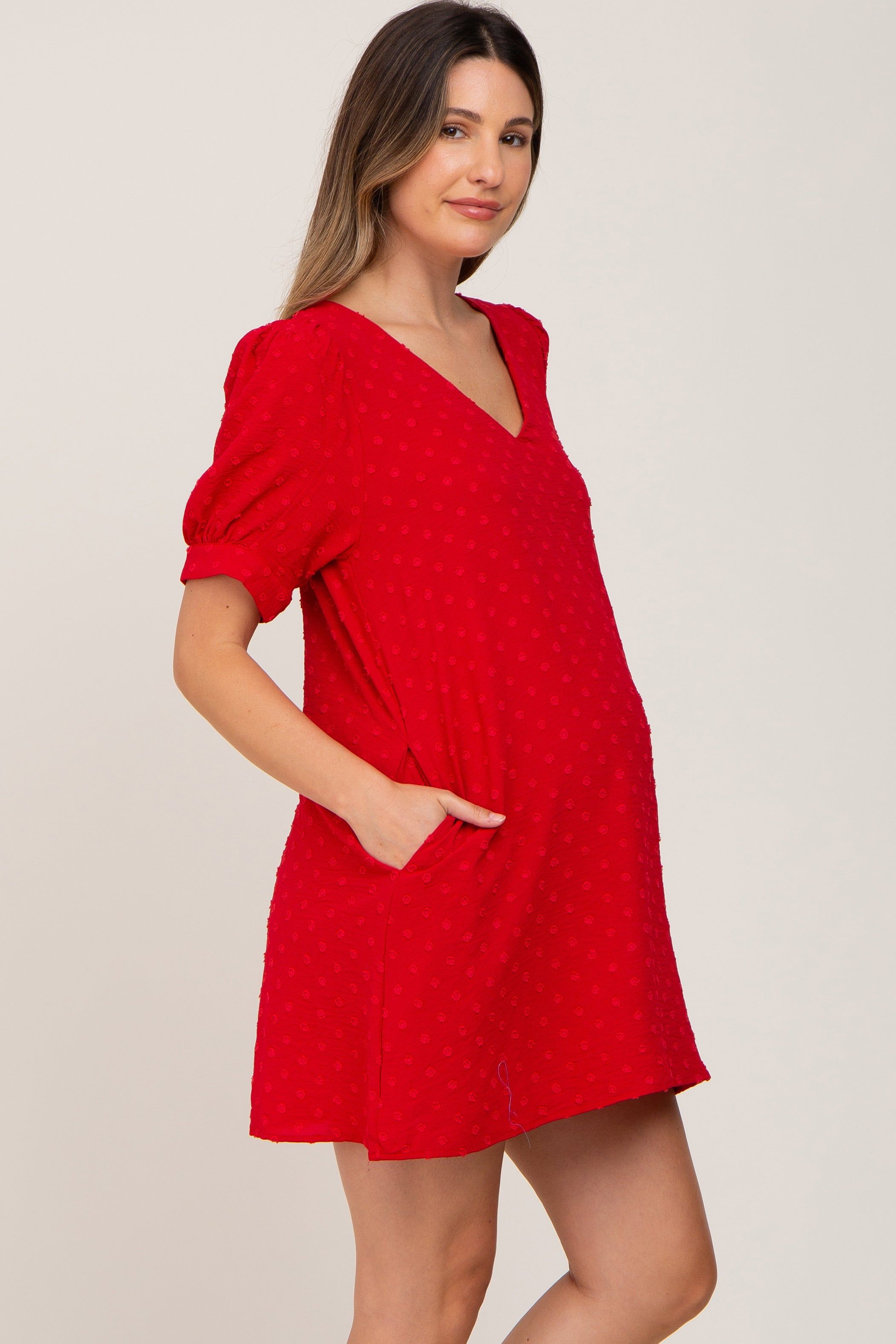 Red Textured Dot V-Neck Puff Sleeve Maternity Mini Dress sold by Pinkblush product image thumbnail 2