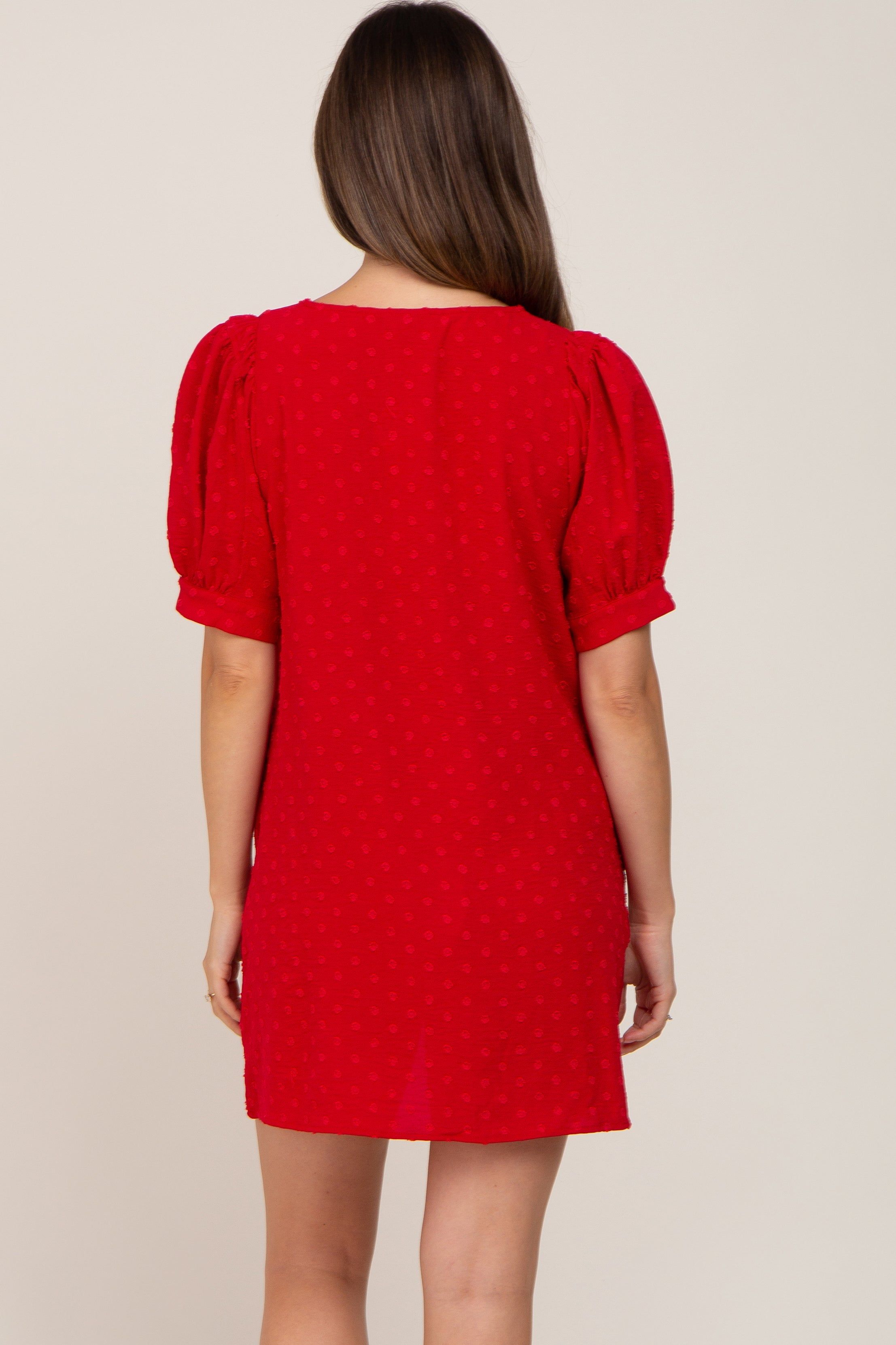 Red Textured Dot V-Neck Puff Sleeve Maternity Mini Dress sold by Pinkblush product image thumbnail 3